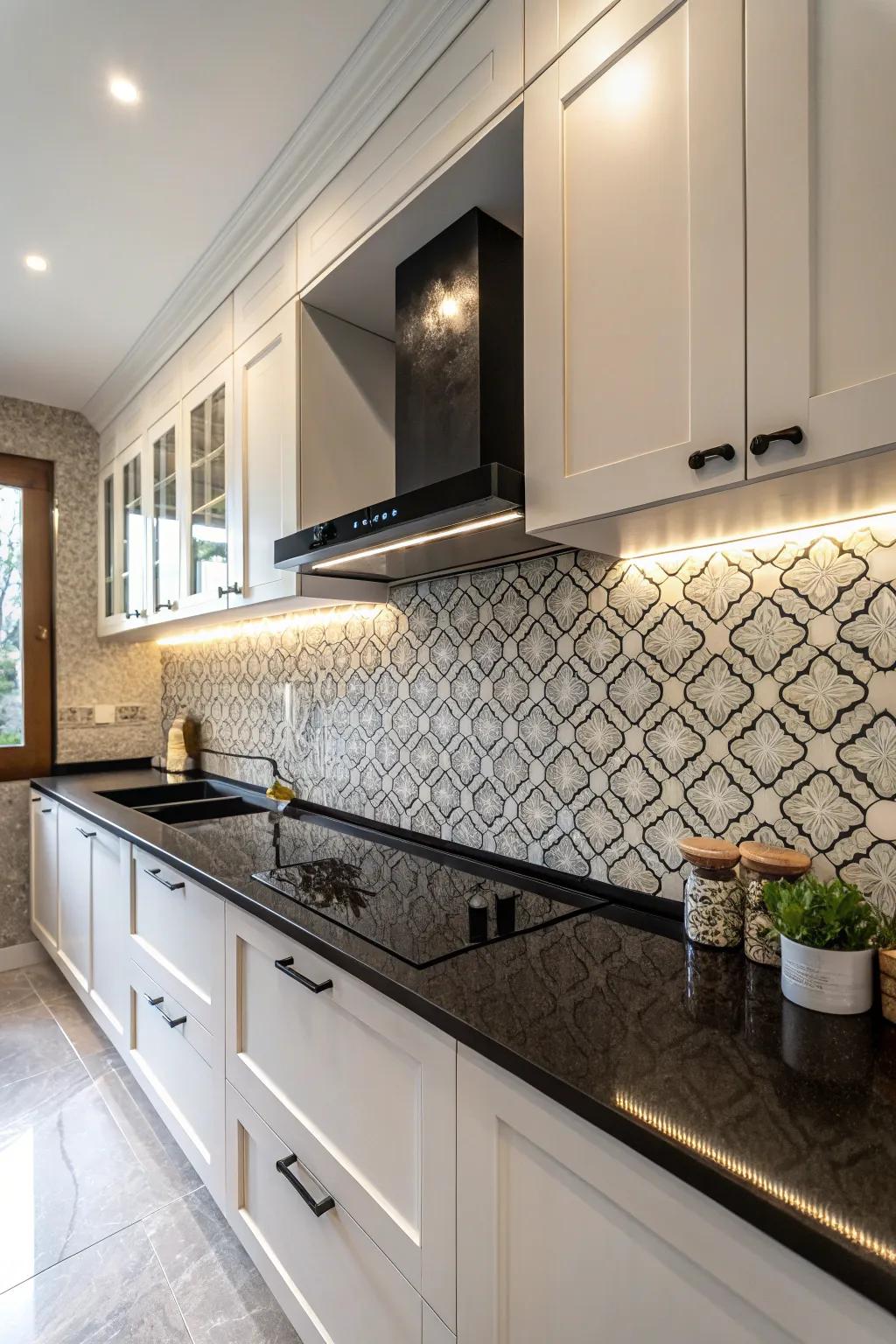 A distinctive back panel coupled with ebony worktops for augmented texture.