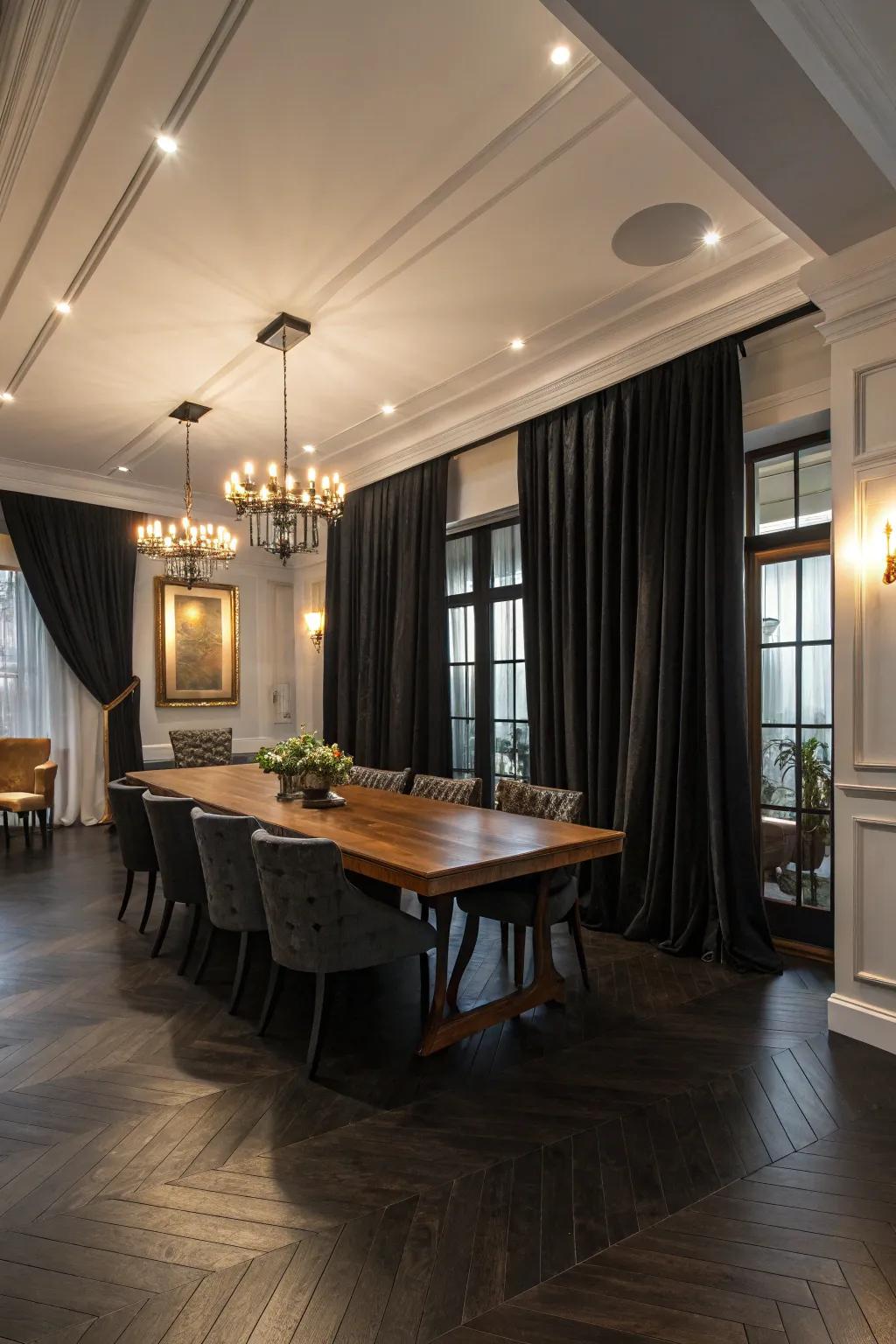 Grainy draperies surround the room elegantly.