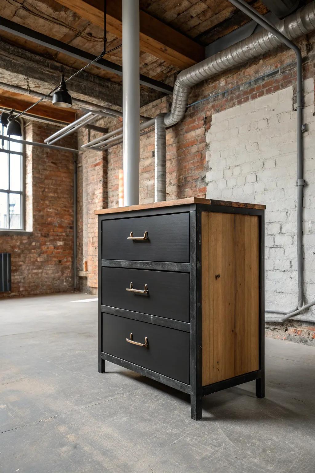 A black dresser presented in an industrial-inspired design, featuring metal and wood components.