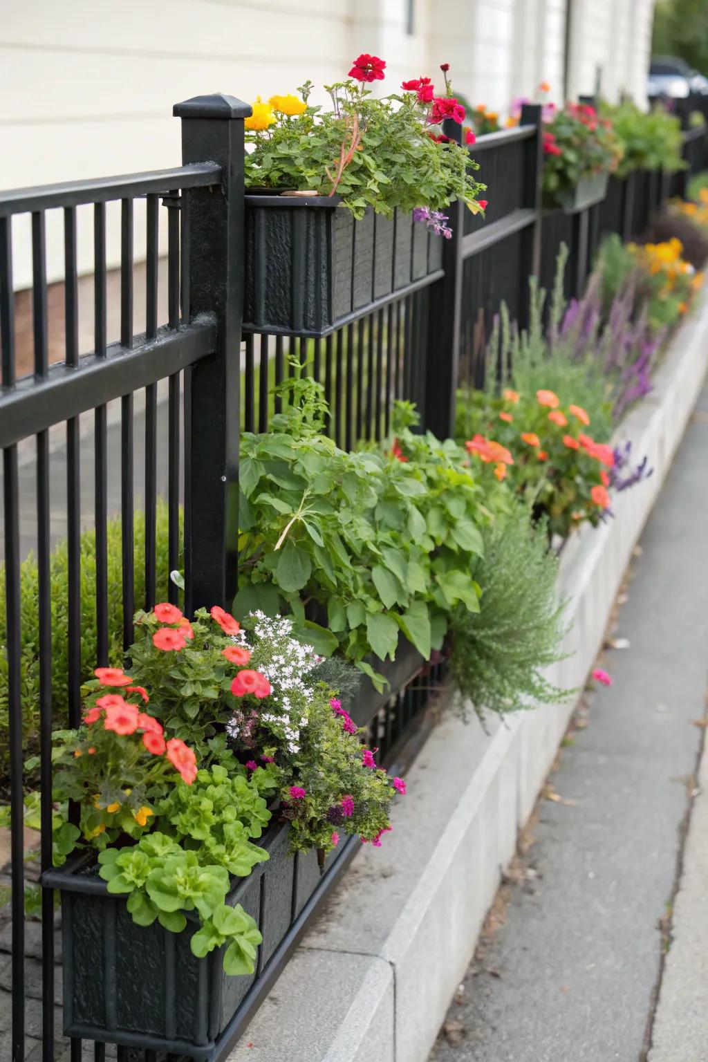 Integrated vegetation boxes in a dark fence create a lush vertical garden.