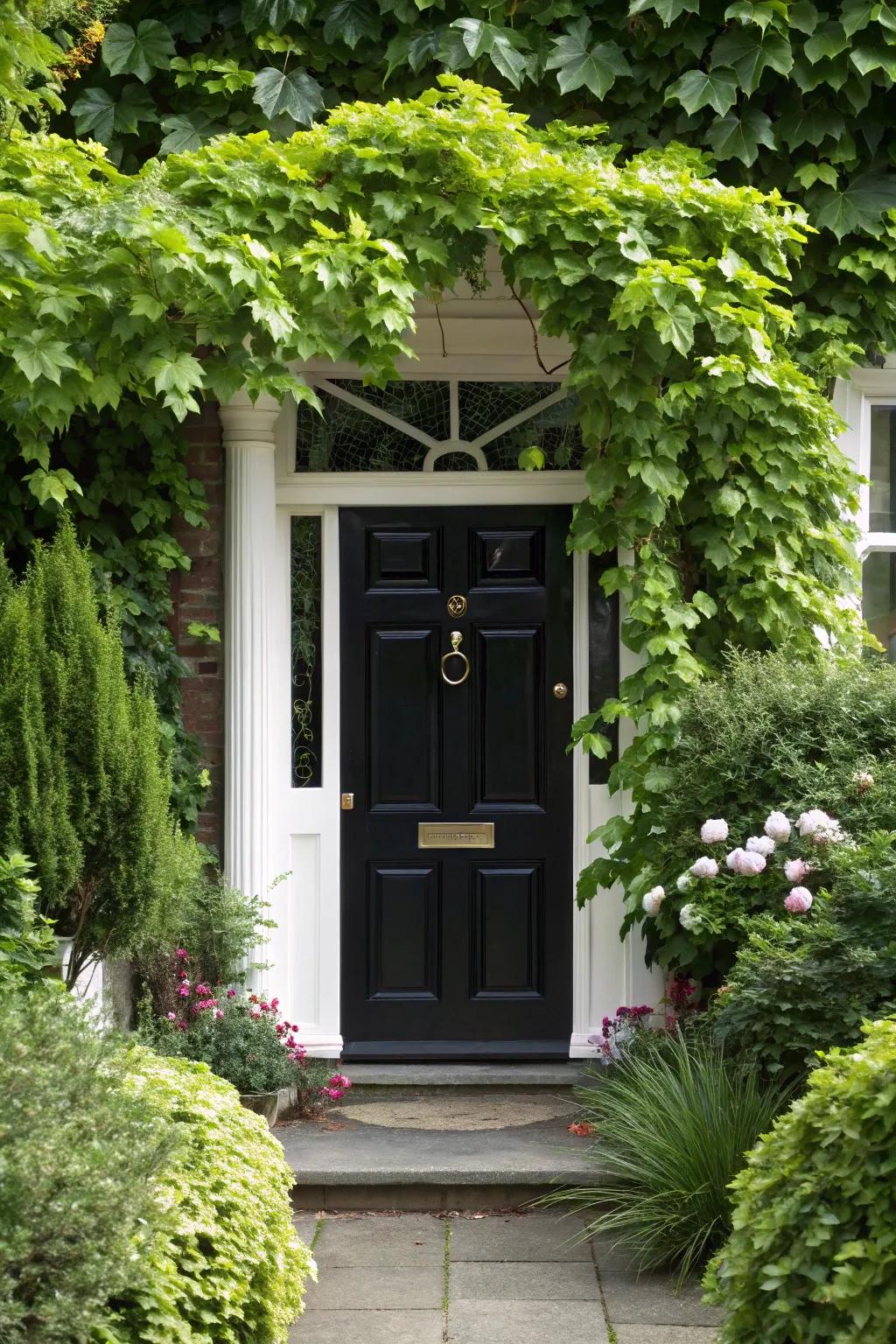 Flanking windows on a black door enhance elegance and natural lighting in the residence.