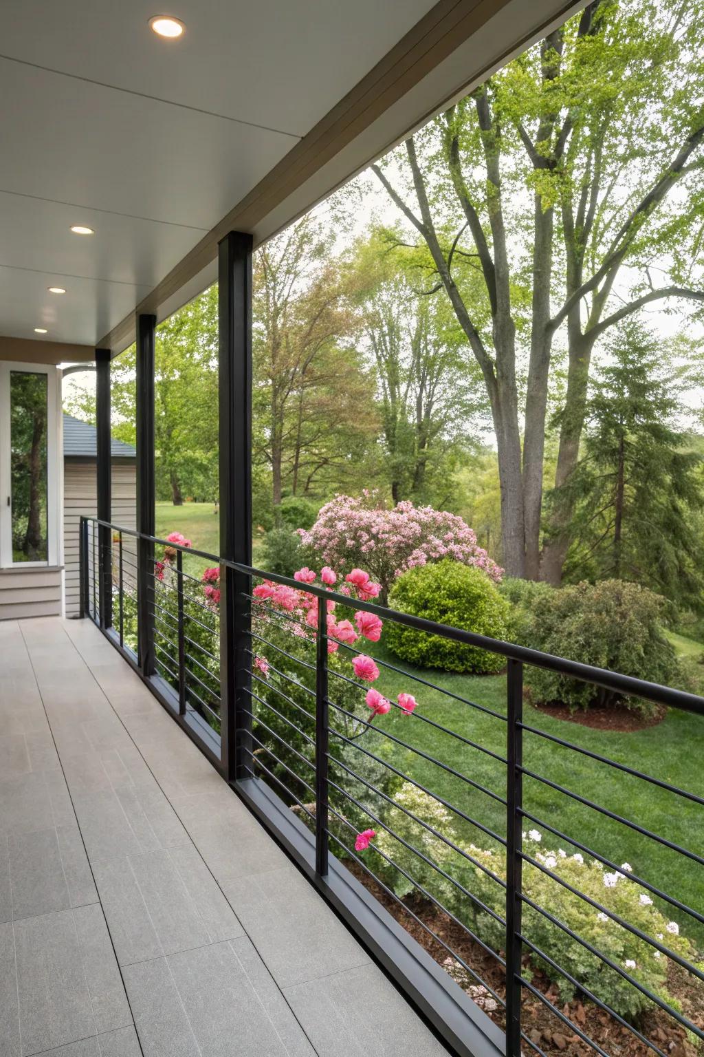 Wire railings provide a stylish, open view that is both modern and appealing.