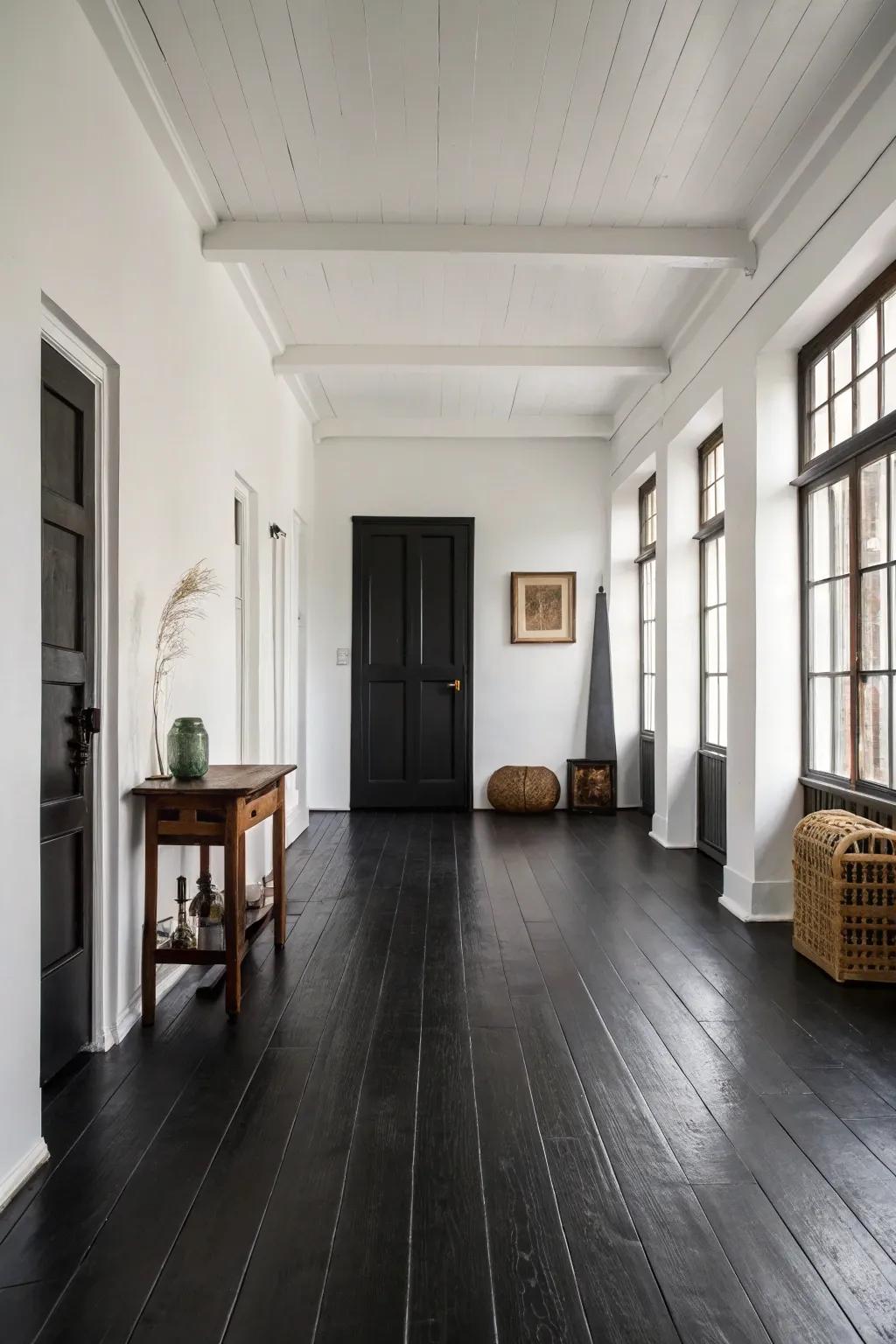 Striking contrast of dark floors and white walls.