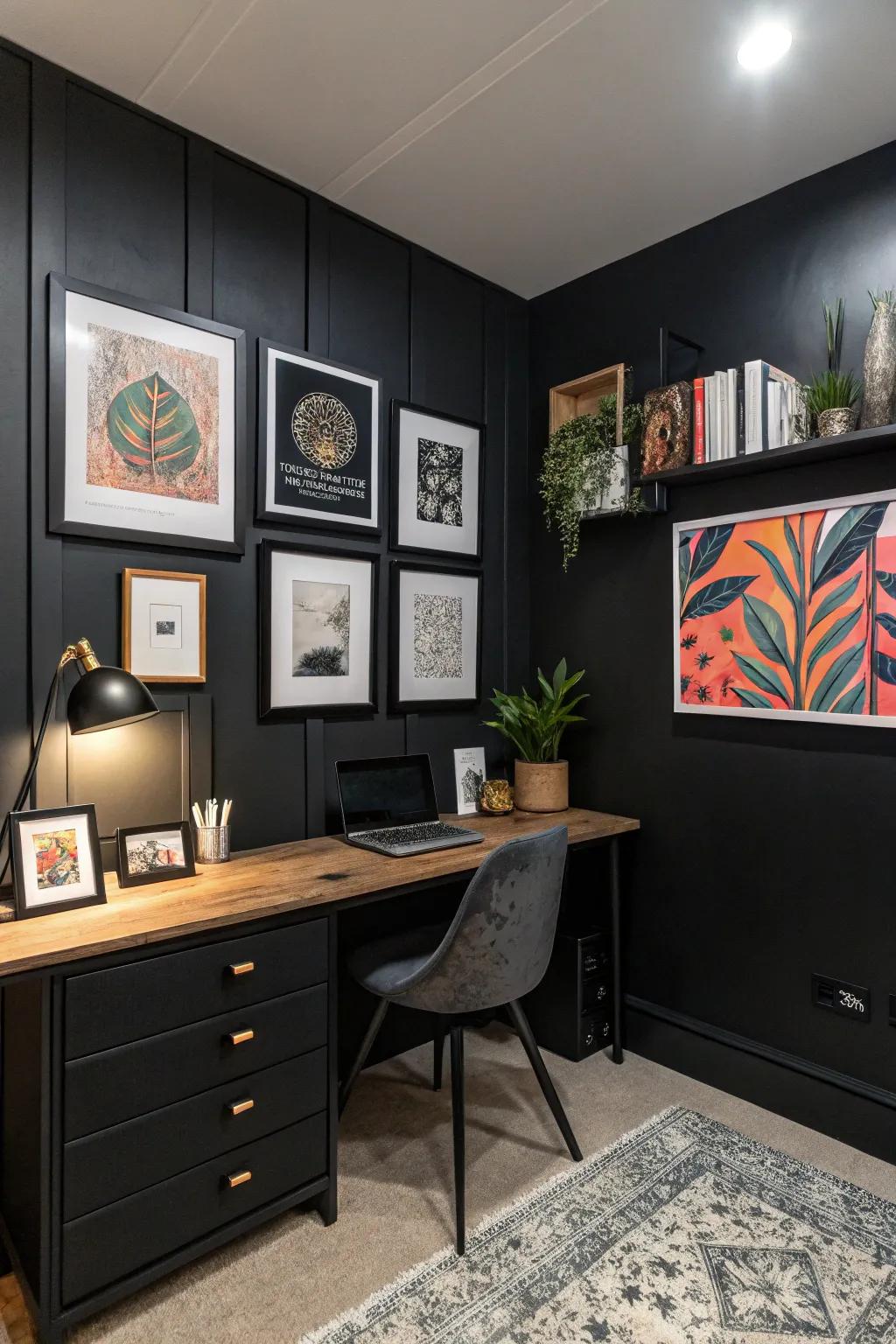 Art introduces individuality and inspiration to a black office.