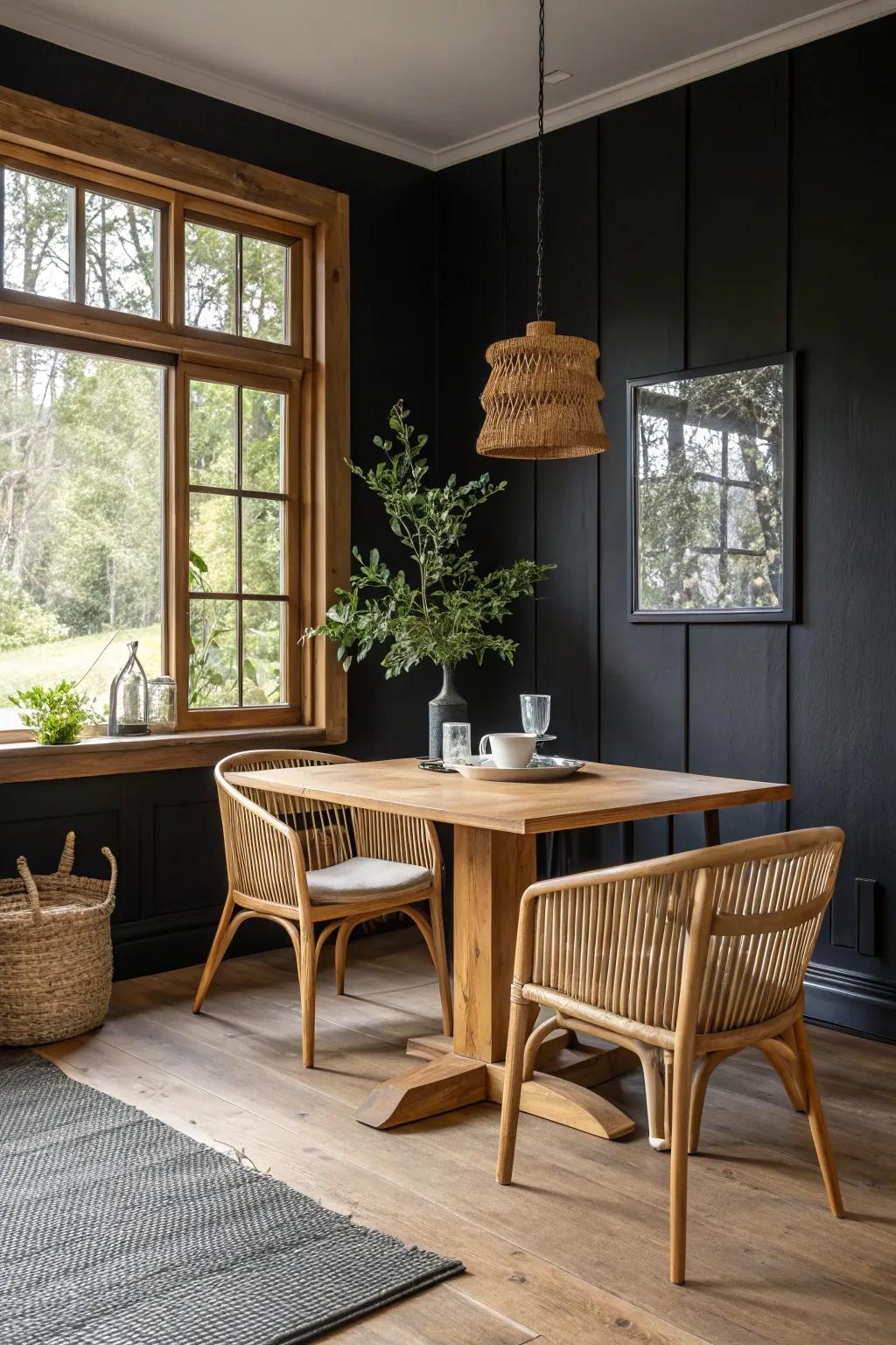 Furniture made of natural wood paired with a dark wall.
