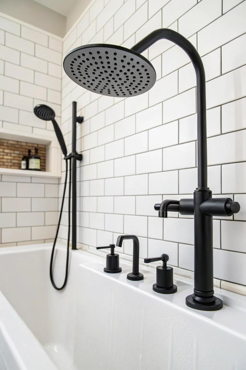 Sleek dark fixtures bring a modern edge to this bathroom design concept.