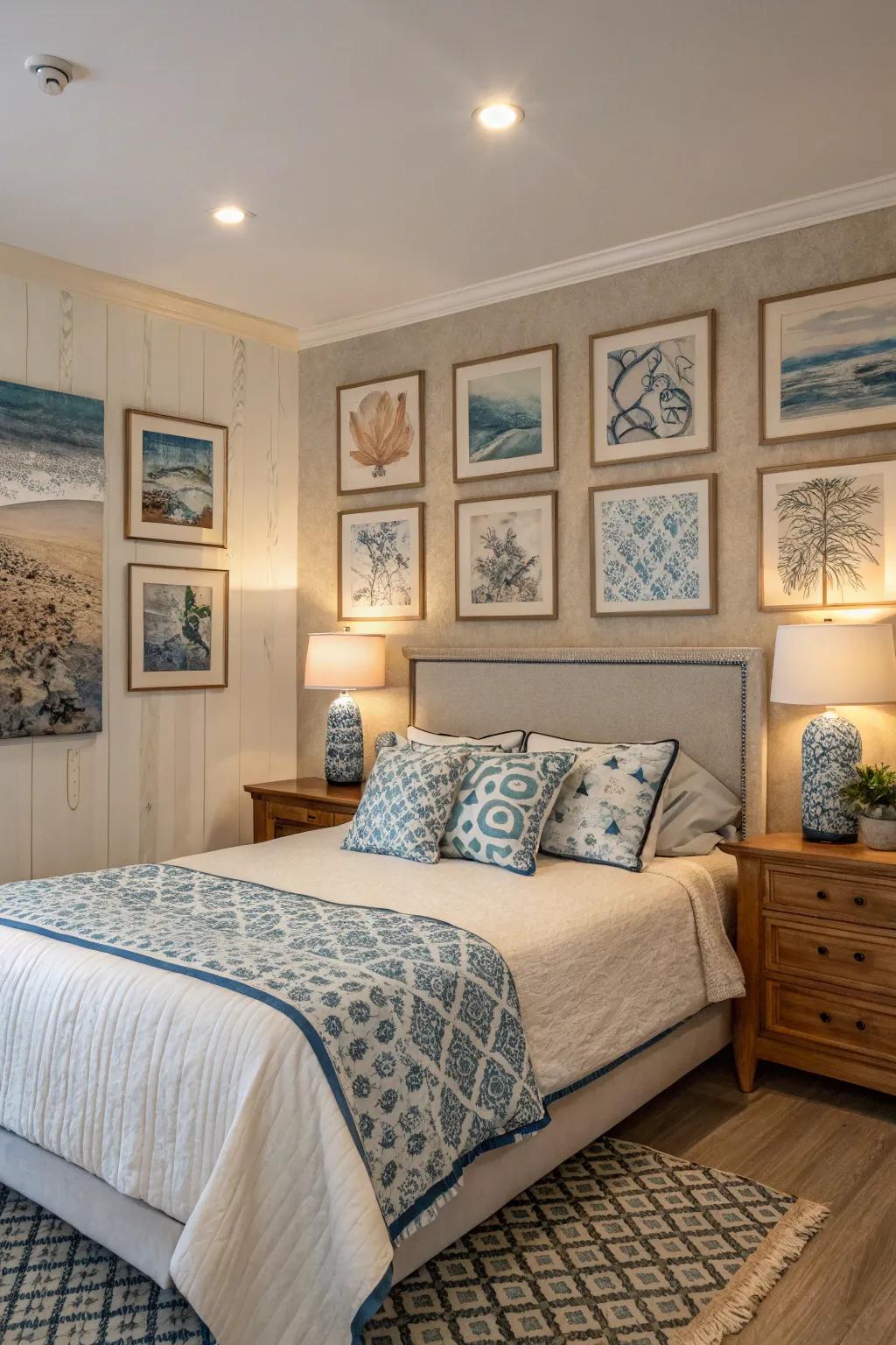 Art pieces in azure and sandstone contribute a personal touch to the space.