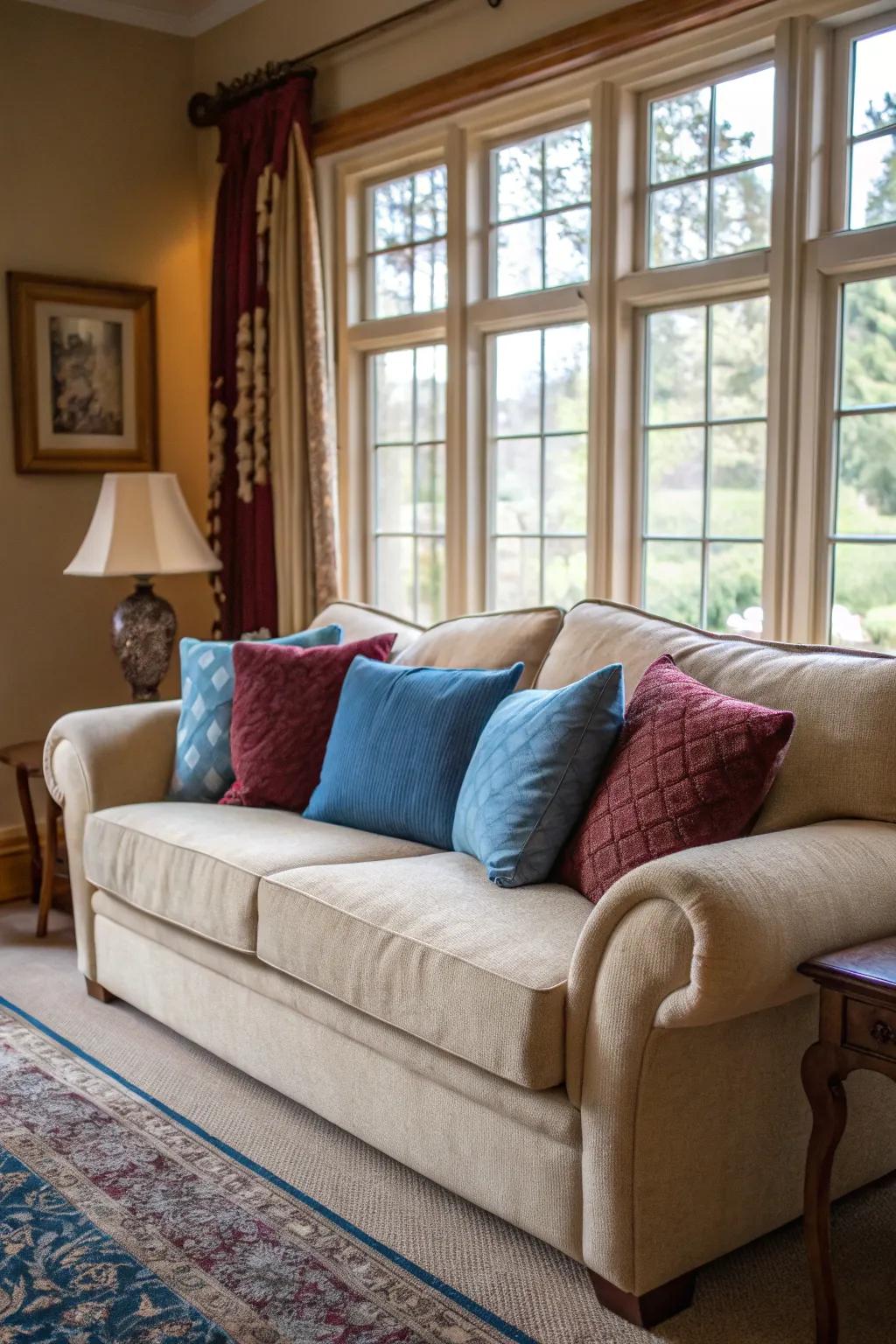 Settles in neutral tones awaken with the enhancement of vibrant pillows in azure and crimson.