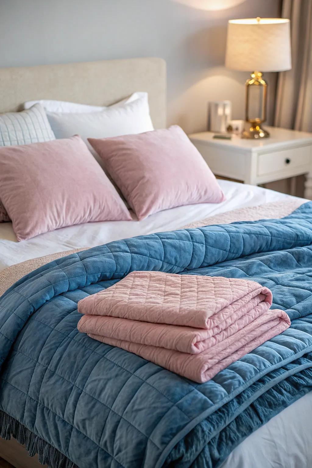 Textured bedding in blue and pink boosts the bedroom's comfort and style.