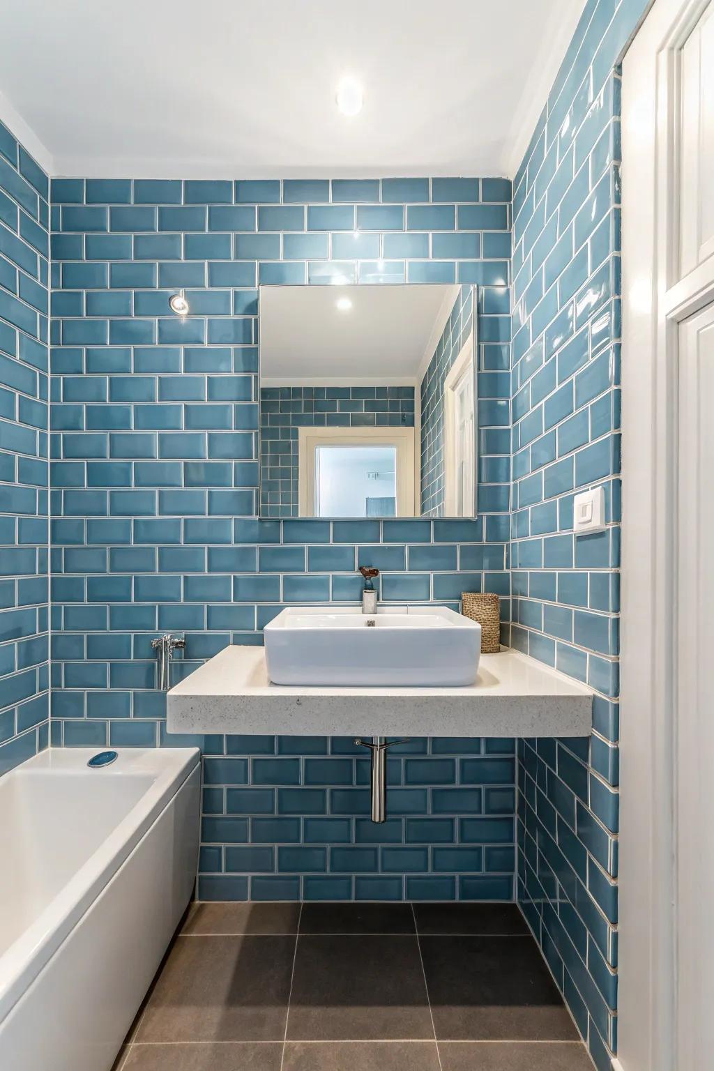 Blue subway tiles give a modern twist to this bathroom's design.