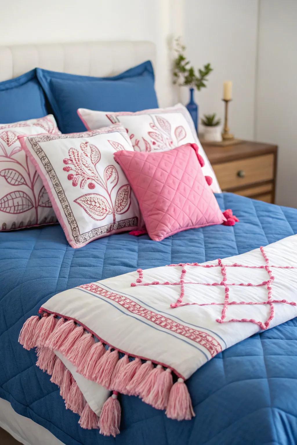 Ornamental cushions and blankets offer comfort and style.