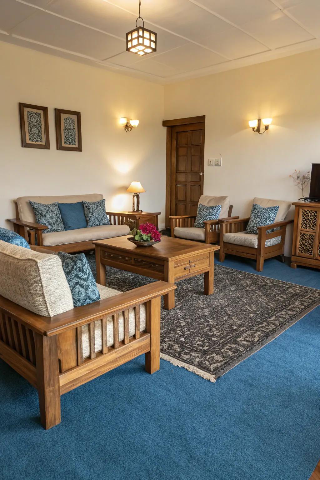 Timber aspects convey warmth and equilibrium to the cool tones of a blue carpet.
