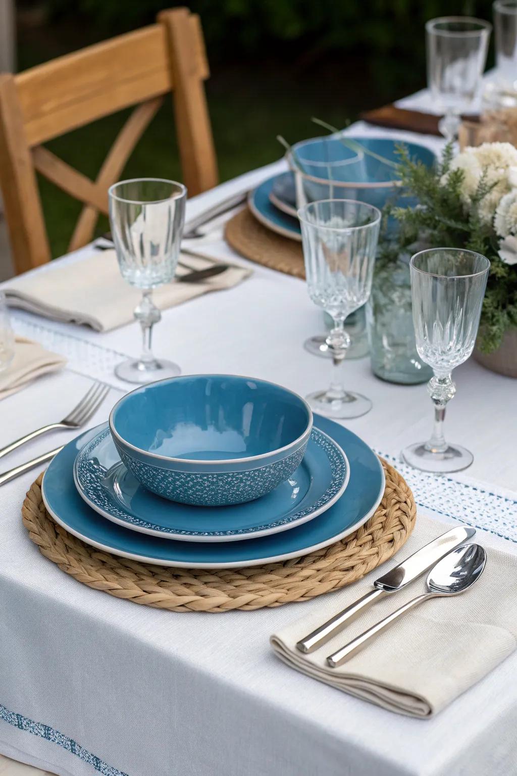 A sophisticated azure table arrangement is ideal for celebratory dinners.