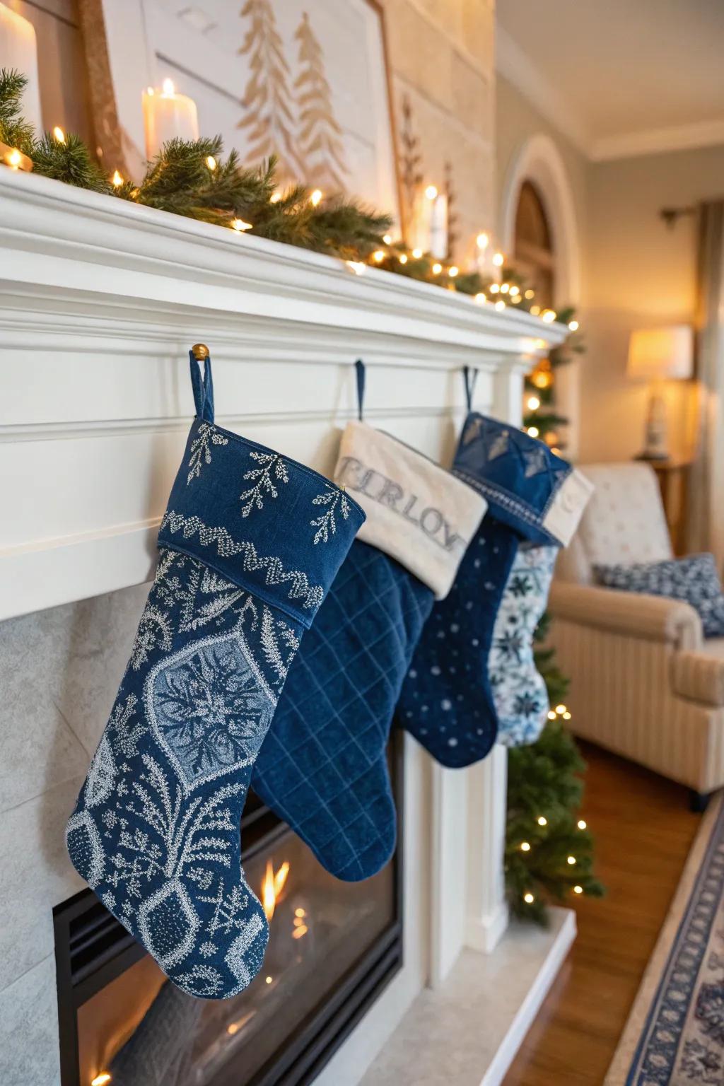 Opulent azure velvet hosiery adorning the hearth