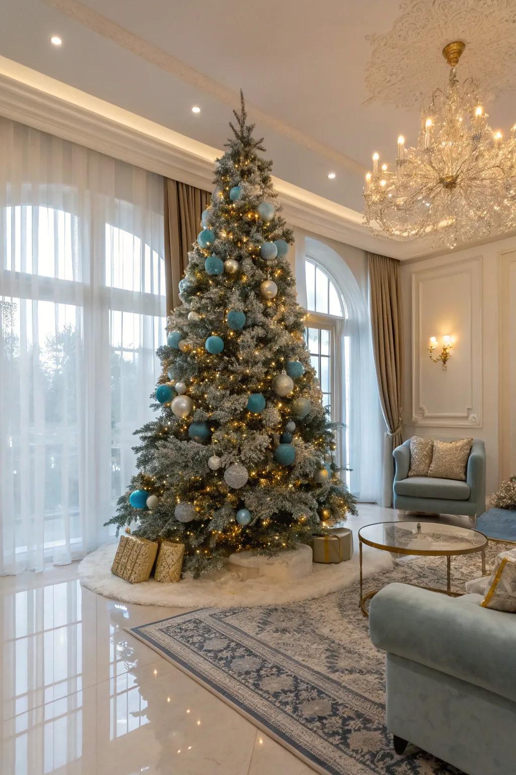 A lavish fusion of glacial azure and gold on a Christmas tree.
