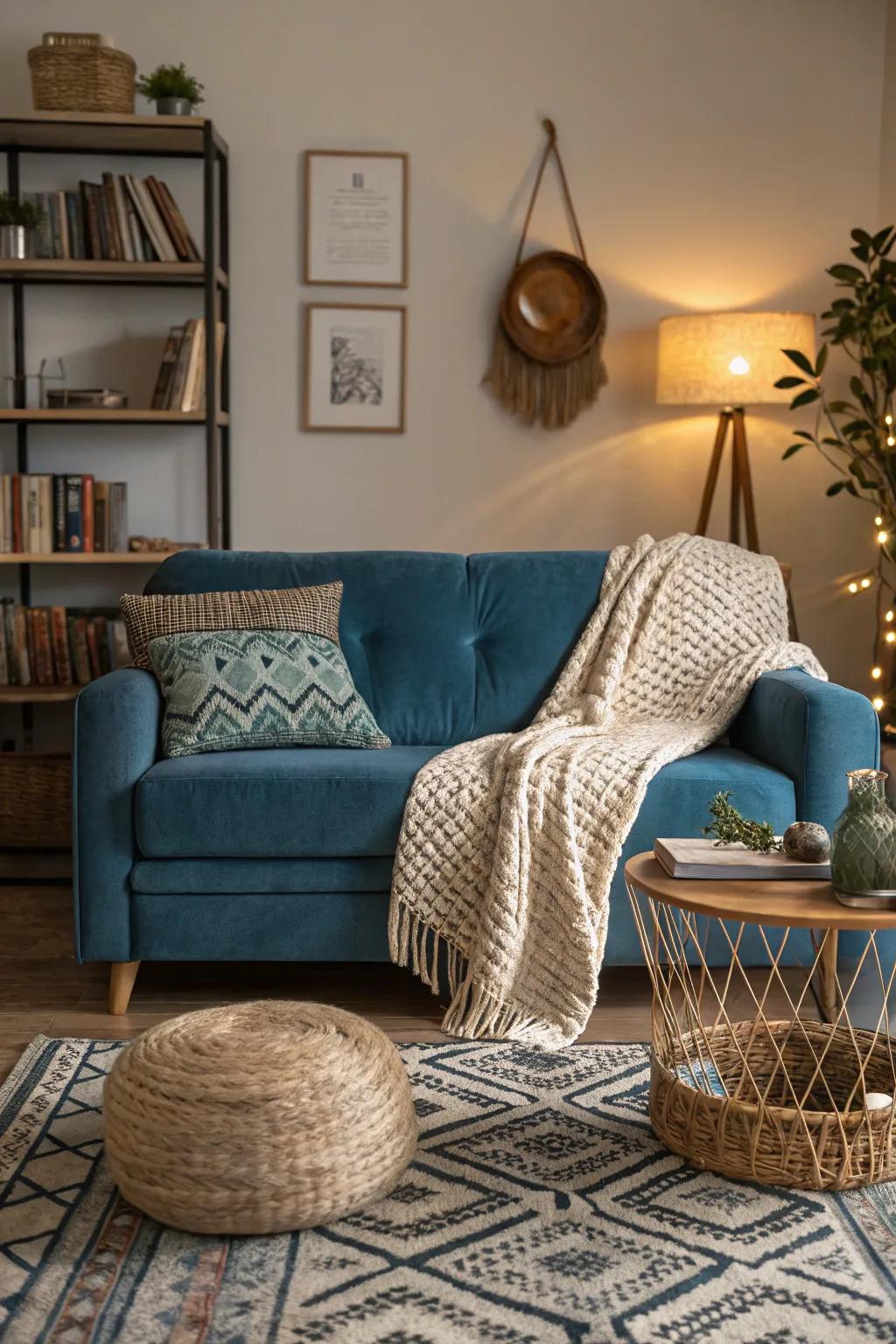 Velvet and wool textures enhance the depth of a sapphire sofa living area.