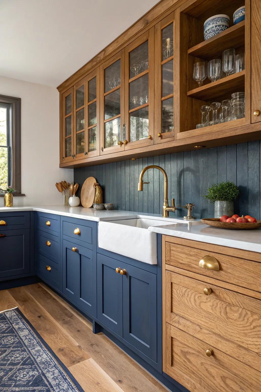 Indigo cabinetry fashions a dramatic and inviting kitchen environment replete with inviting accents.