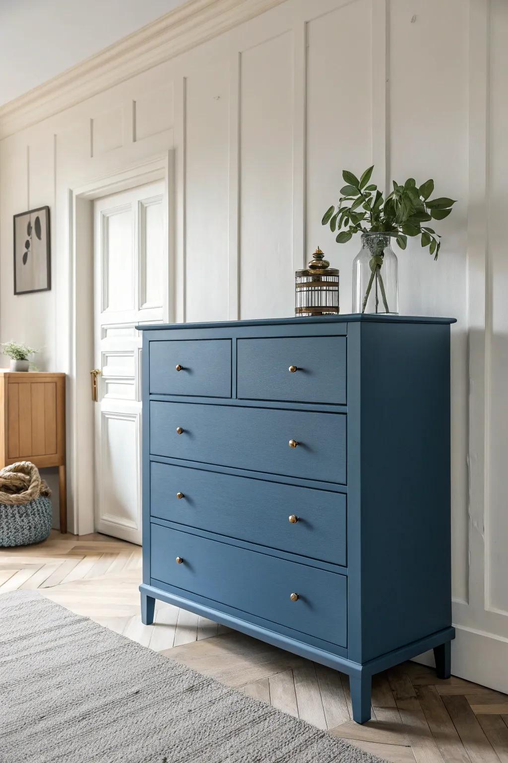 A matte blue dresser seamlessly integrates into a minimalist interior.