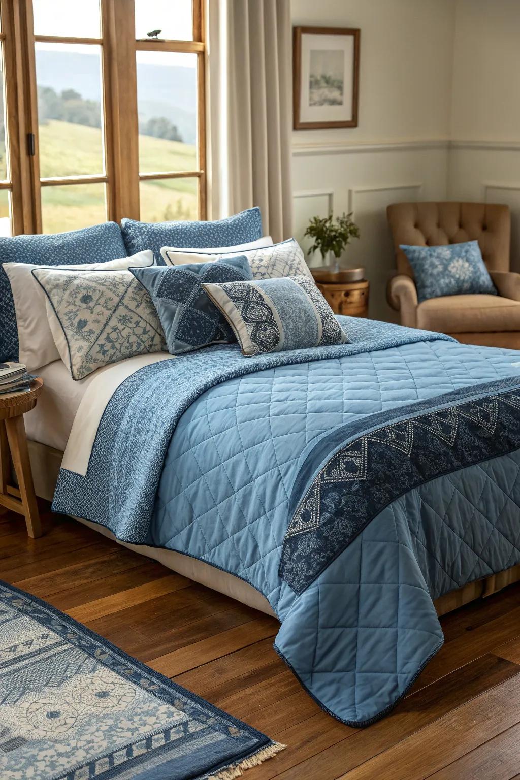 Structured blue bed linens create a comfortable and welcoming atmosphere.