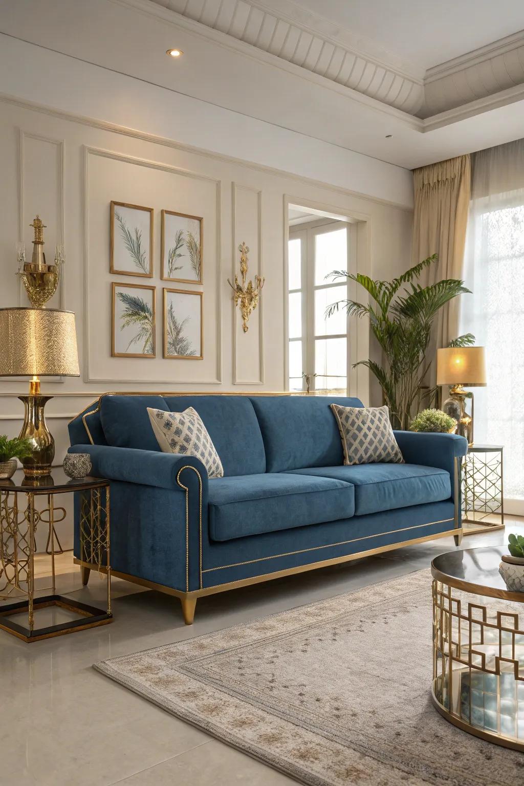 Metallic accents introduce a luxurious touch to a sapphire loveseat.