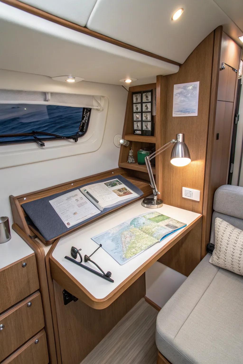 Wall-mounted desk in a small boat cabin.