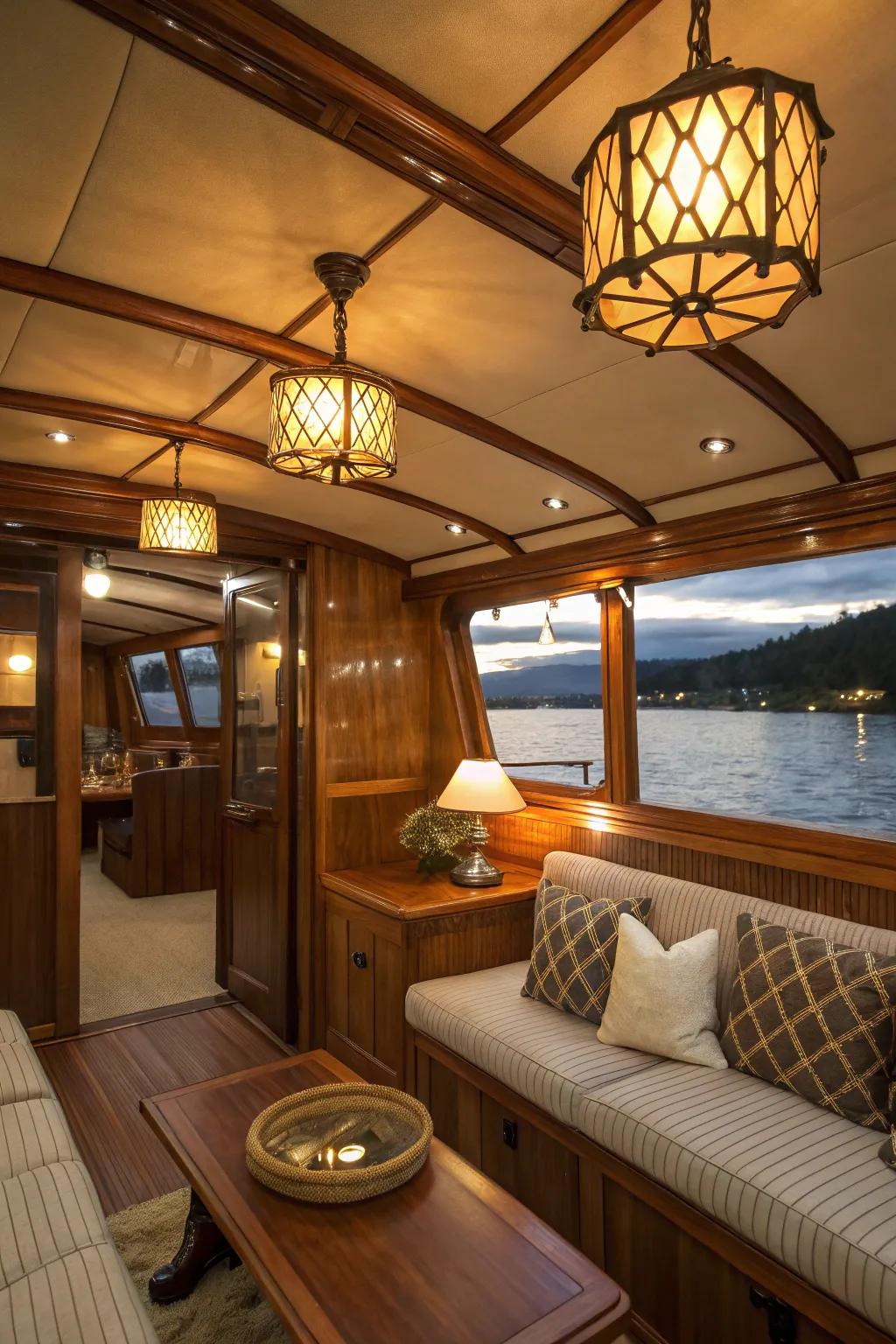 Inviting illumination enhances the comfortable environment inside the boat.