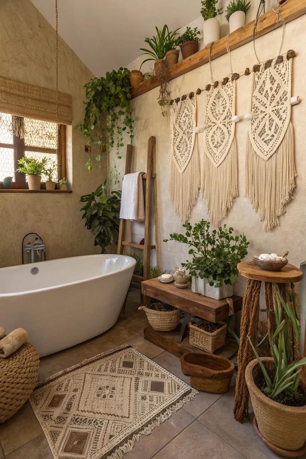 A boho bathroom enhanced with detailed macramé wall suspensions.