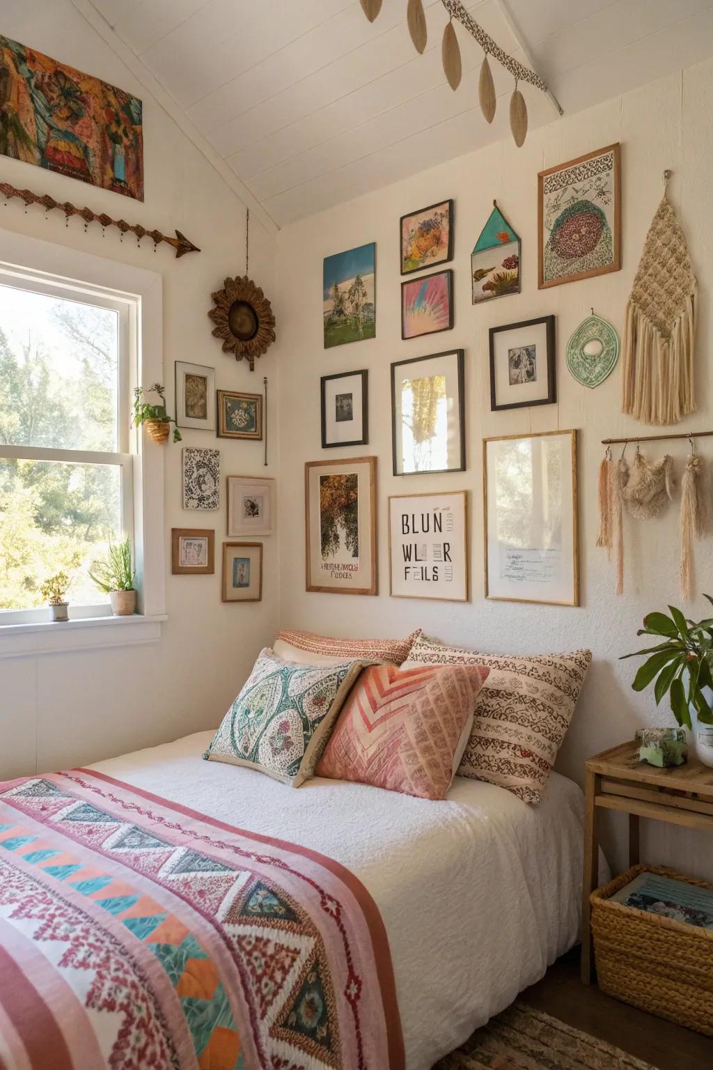 A picture gallery that features a mixture of artwork becomes the focal point for a boho-themed bedroom.