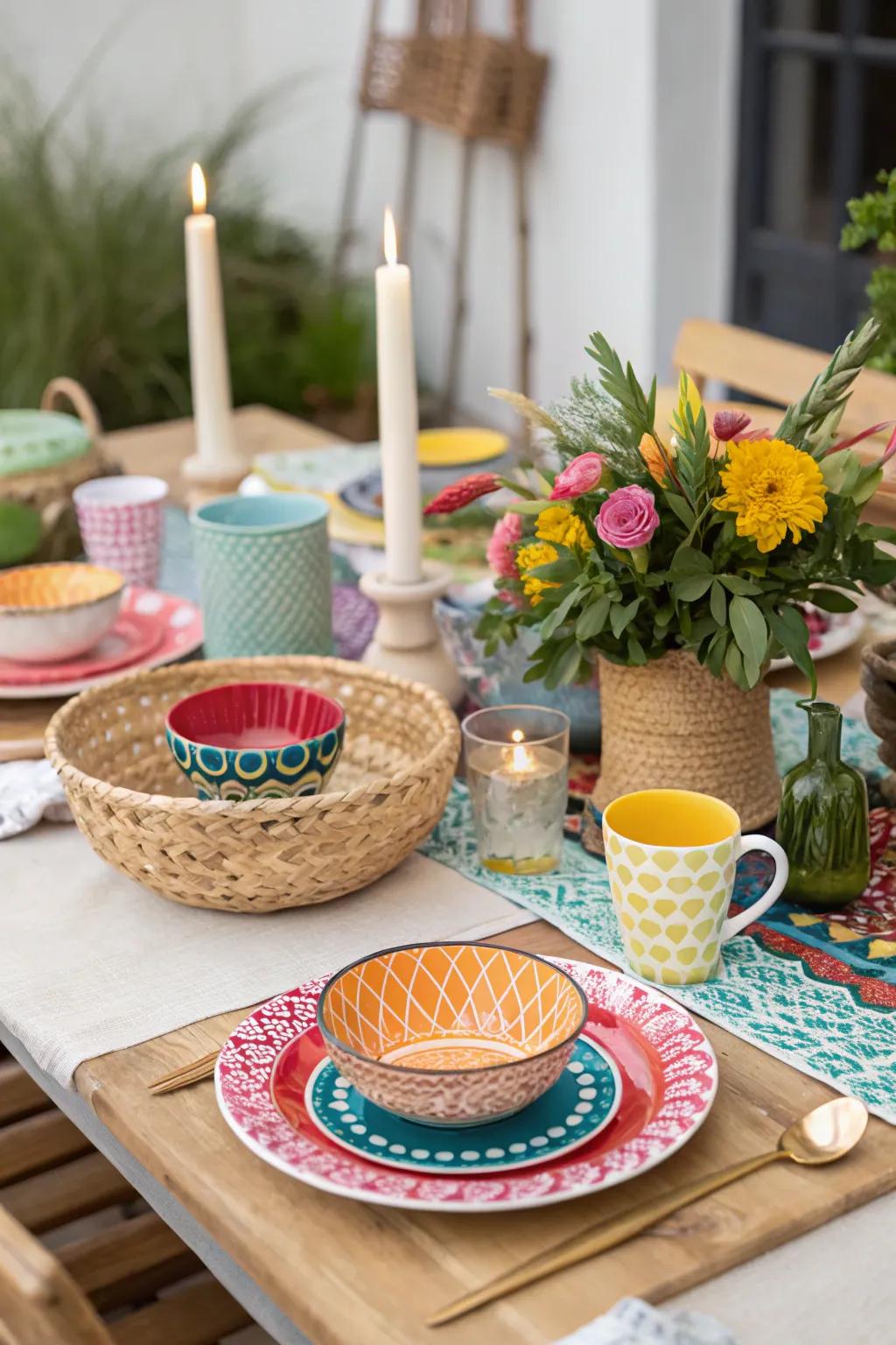 A striking assortment of vibrant dinnerware enlivens the boho brunch table.