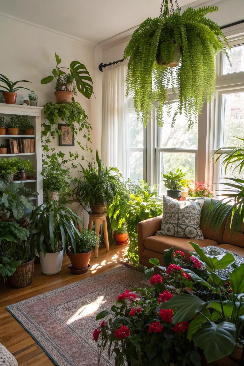 An abundant bohemian living space filled with greenery.