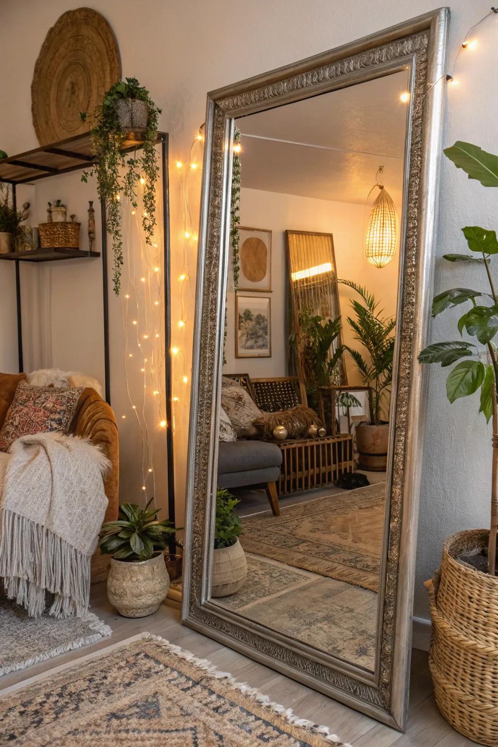 A statement mirror reflects light and elegance, enhancing the free-spirited glamorous feel.