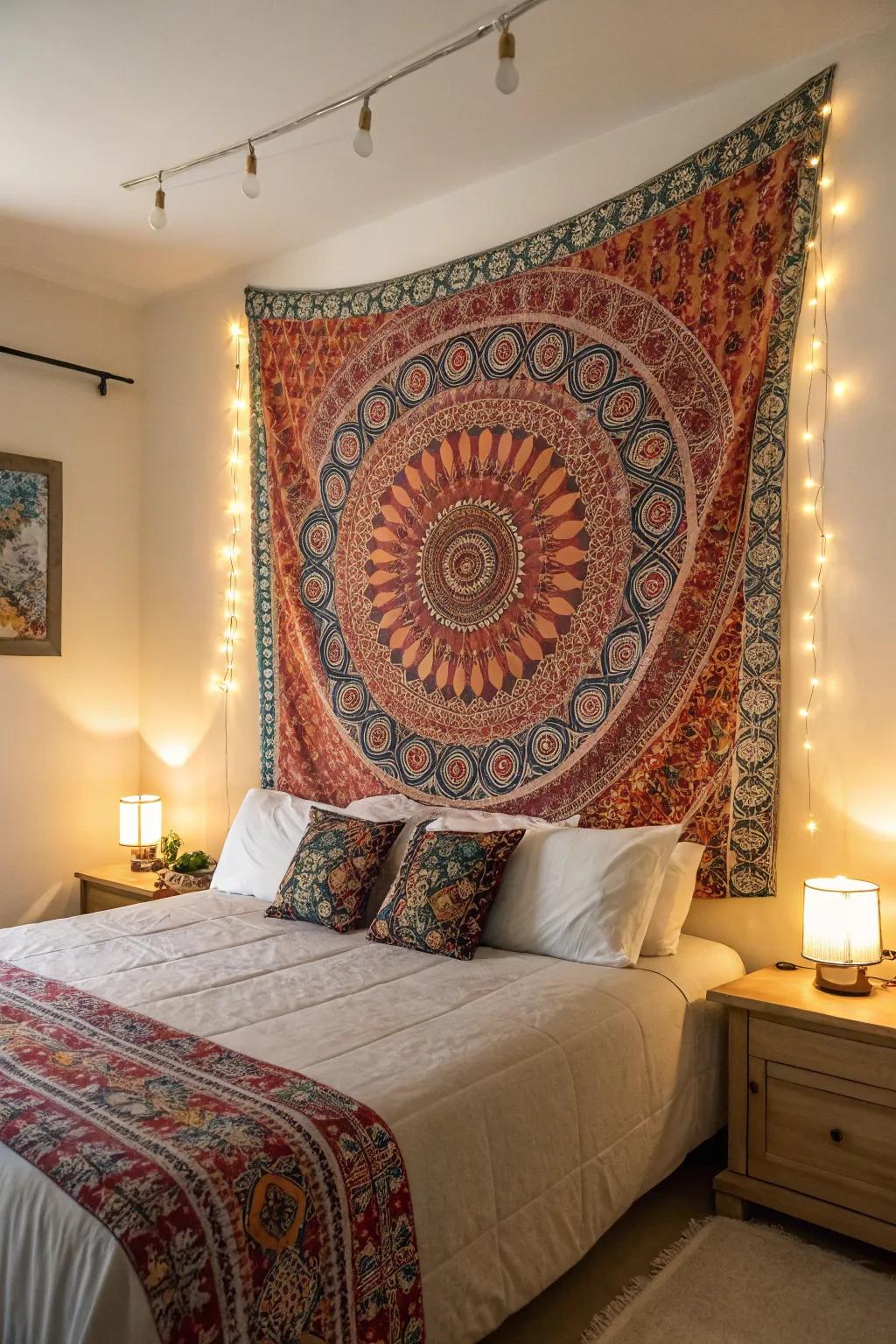 A tapestry headboard provides color and texture to this bohemian getaway.