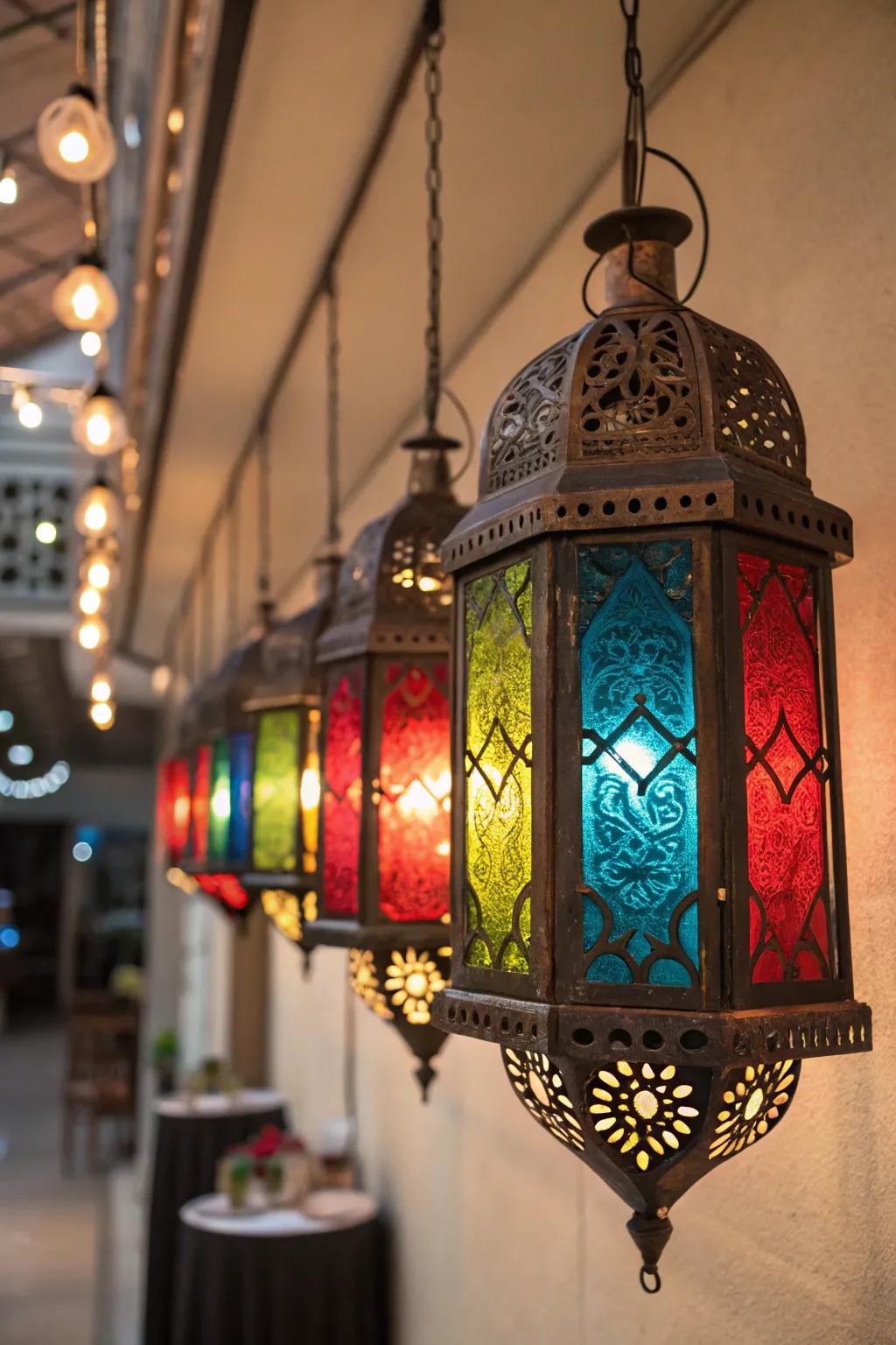 Middle Eastern lanterns featuring colored glass, scattering vibrant hues.
