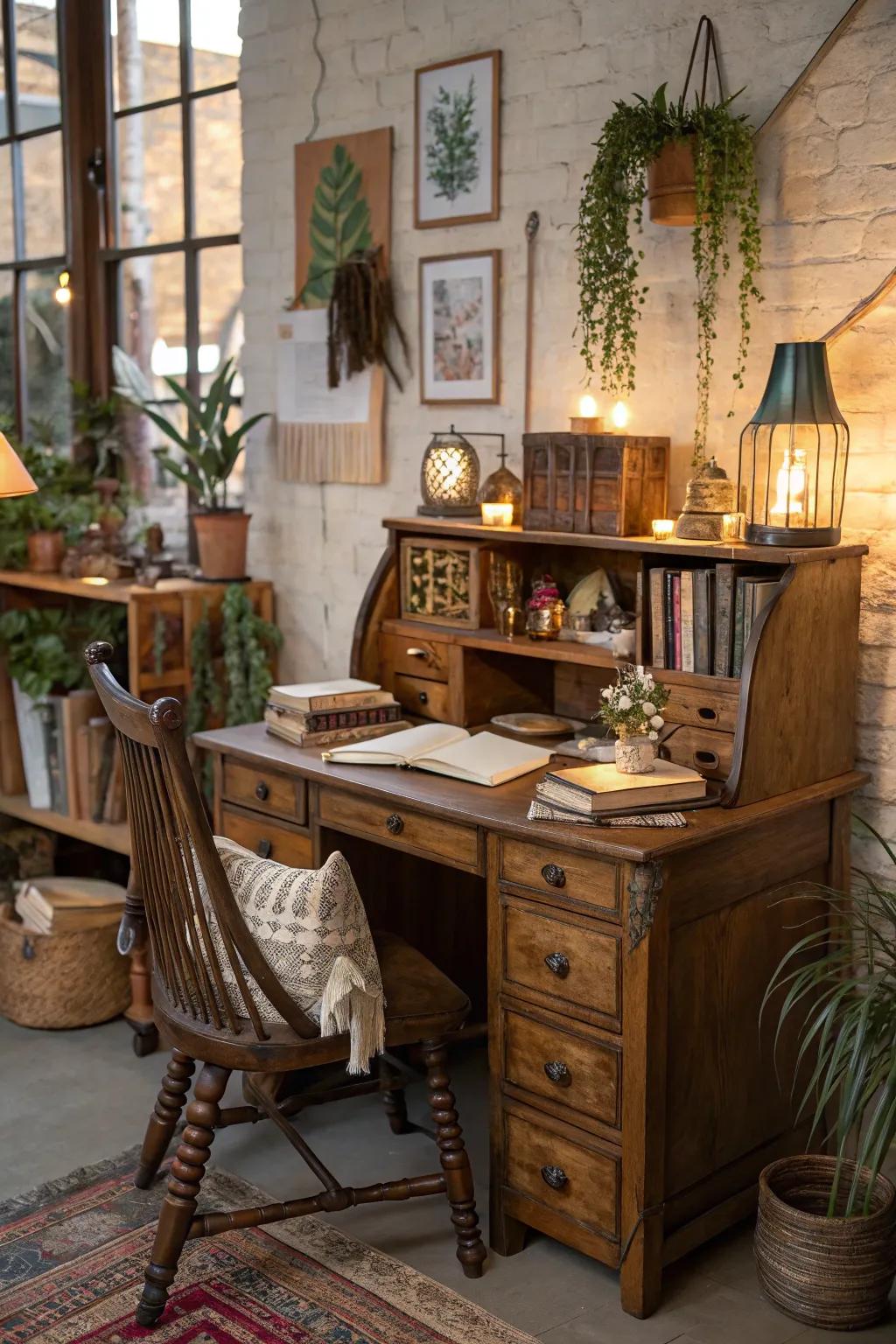 Vintage furniture adds character and charm to the boho office.