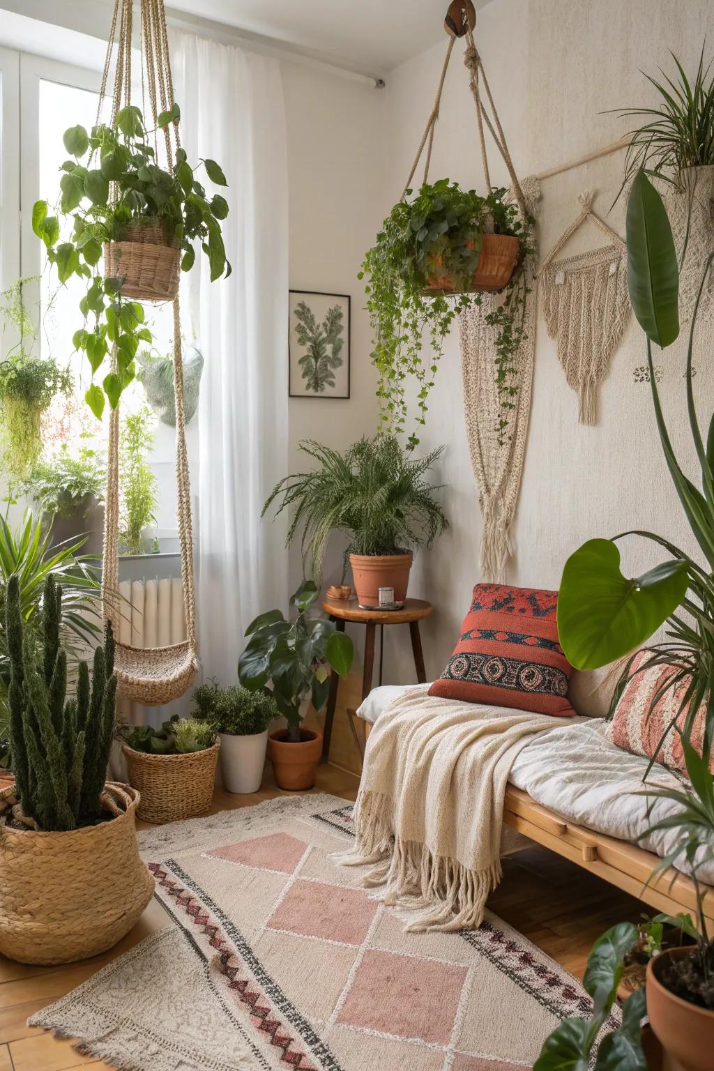 Indoor plants bring freshness and vitality to a bohemian space.