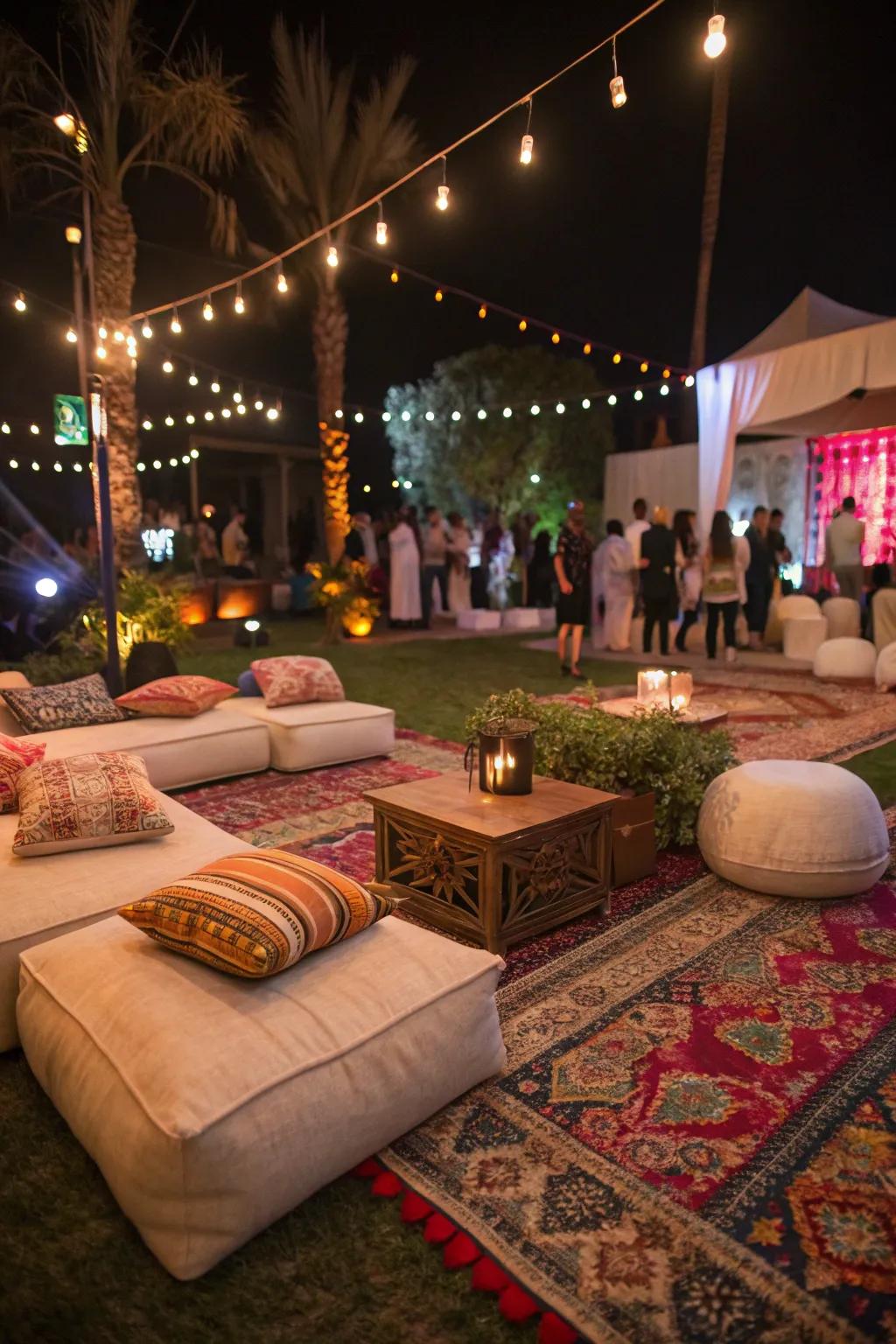 Low seating arrangements offer comfort and style.