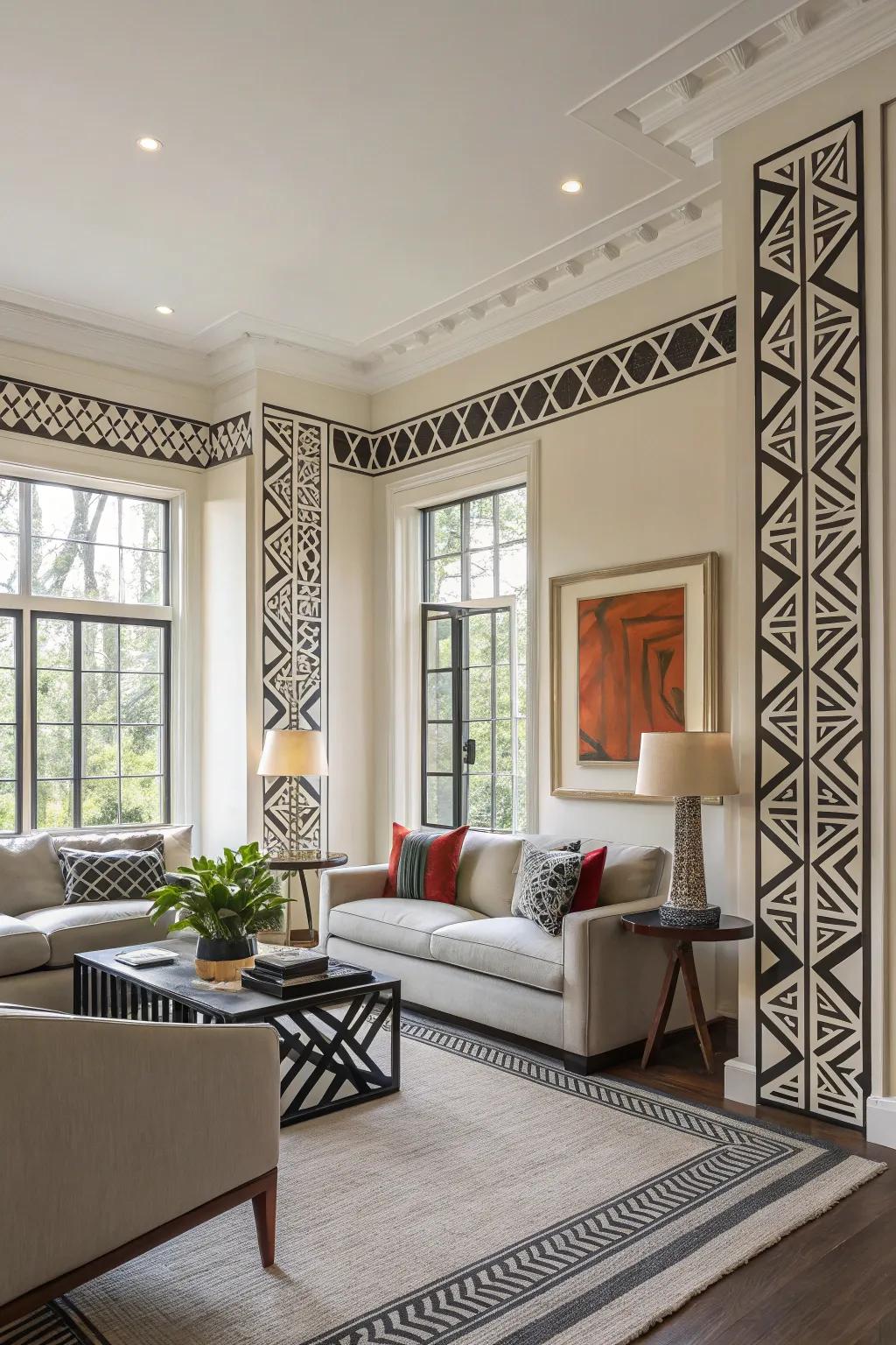 Striking geometric patterns introduce balance and visual interest.