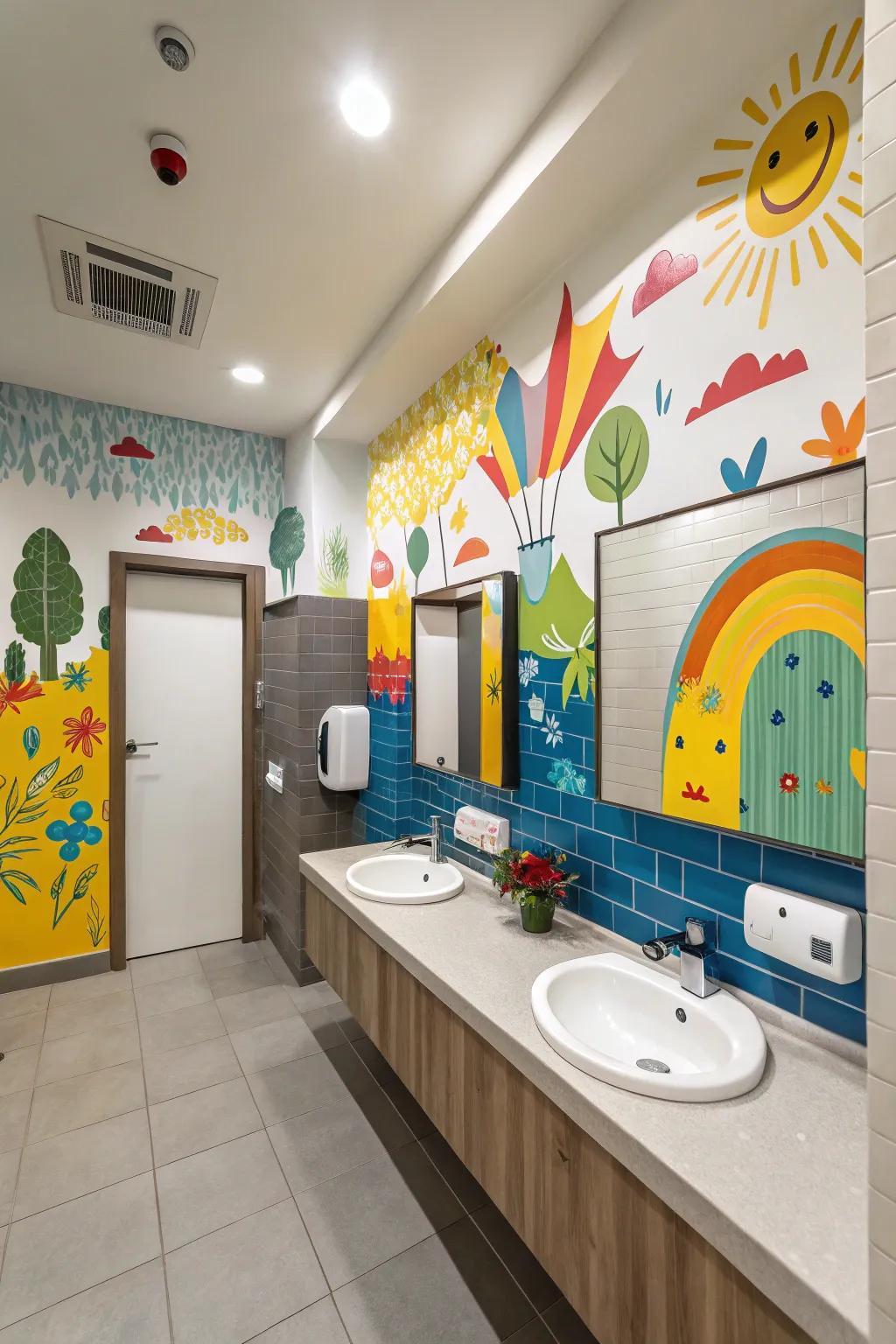 Wall art provides personality to a boys' bathroom.