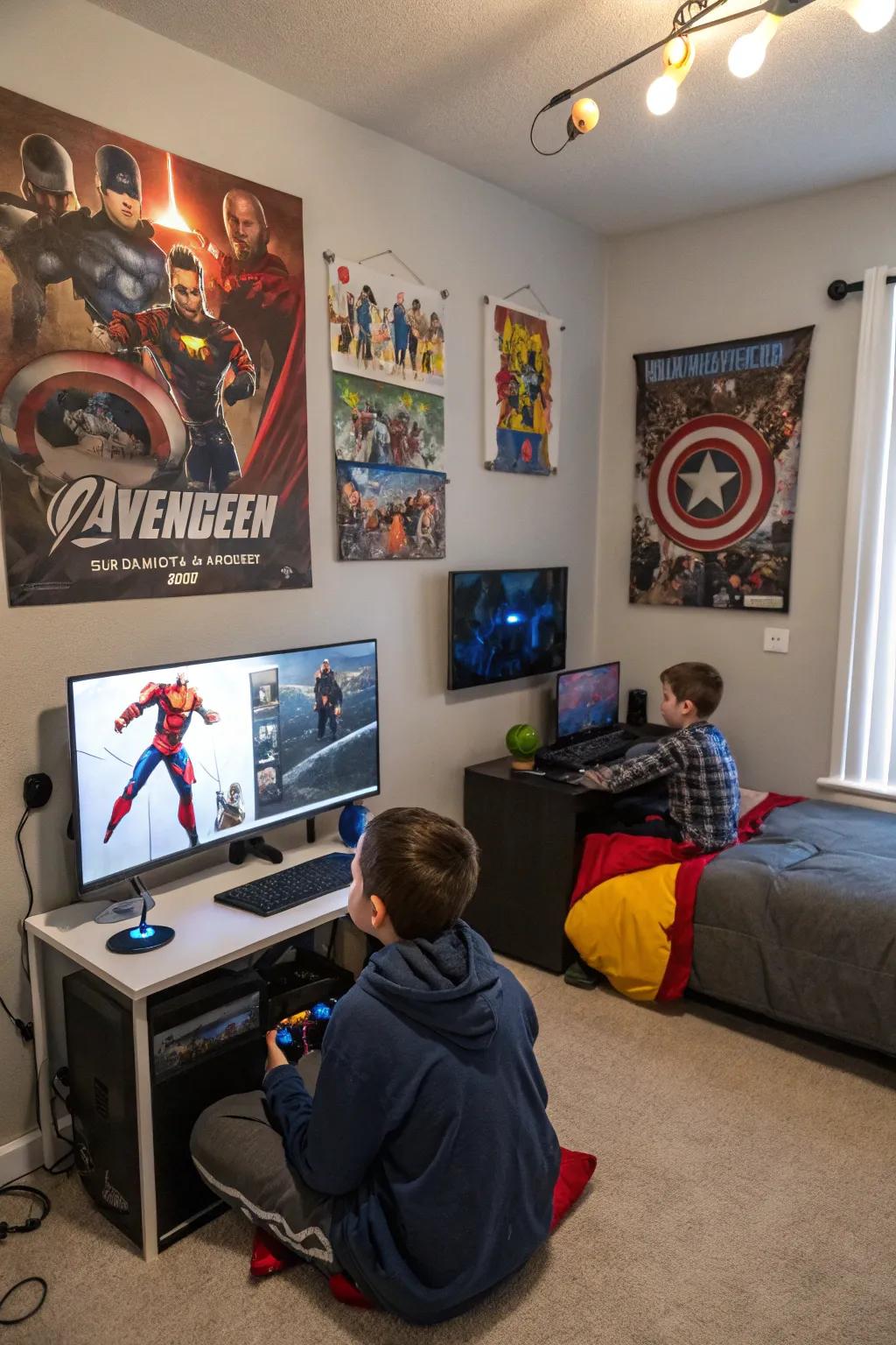 Art on the walls featuring superheroes imparts a dynamic and intimate flair to the gaming space.