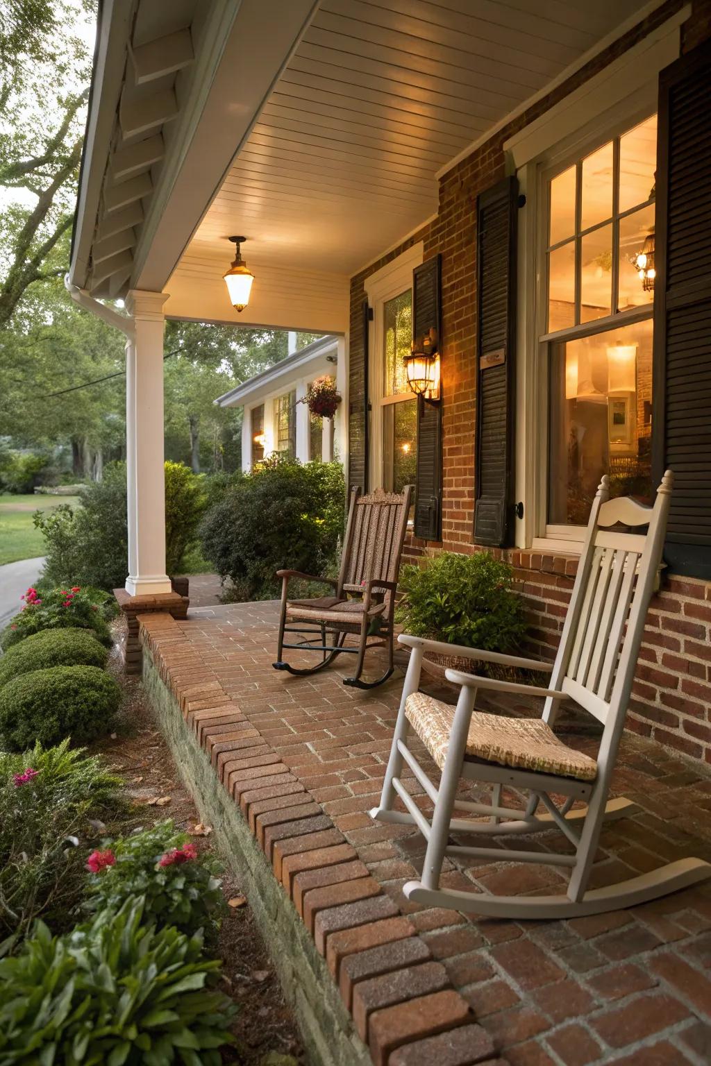 Comfortable rocking chairs extend an open invitation to relax on this lovely brick porch.