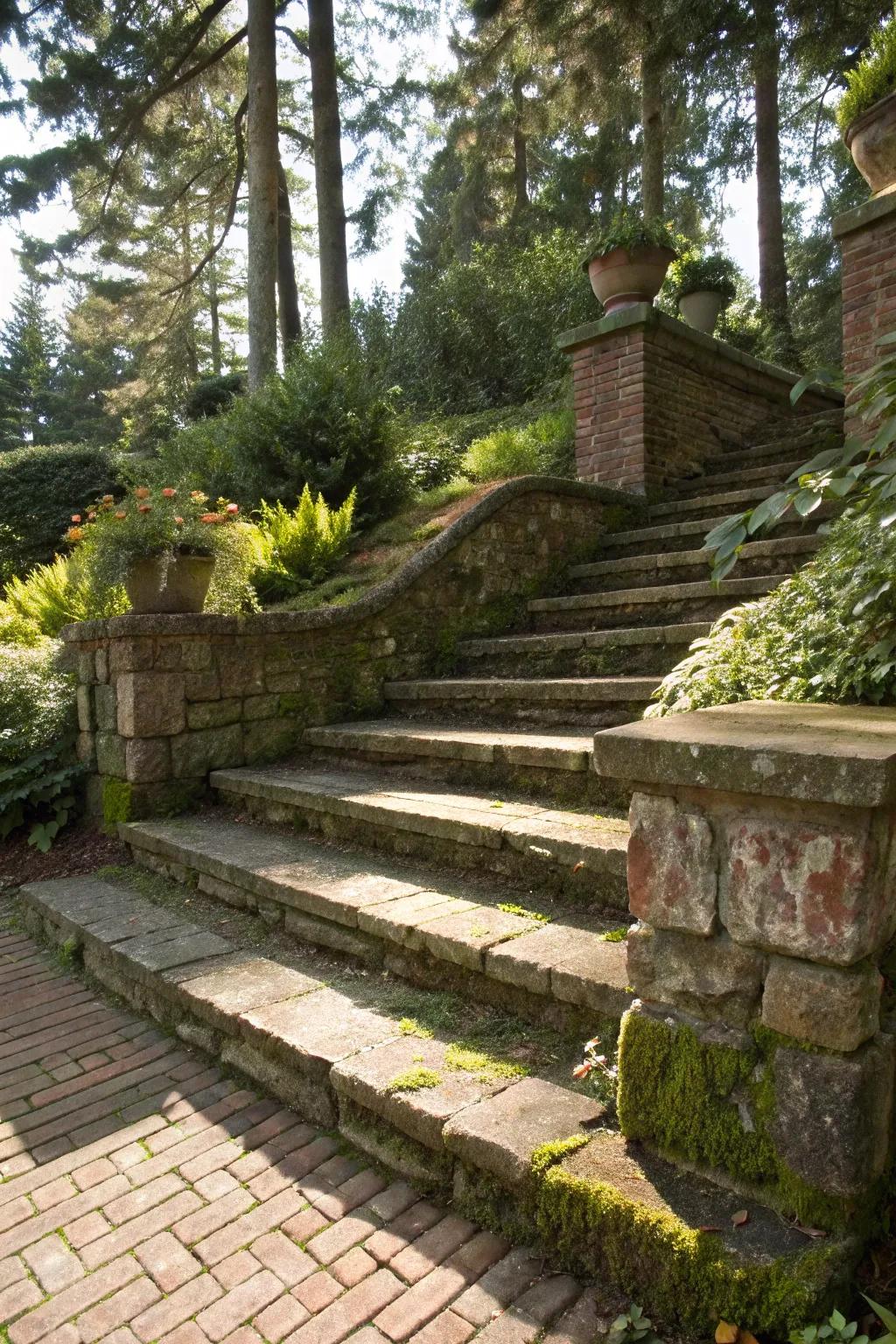 Brick and stone steps forming a textured outdoor route.