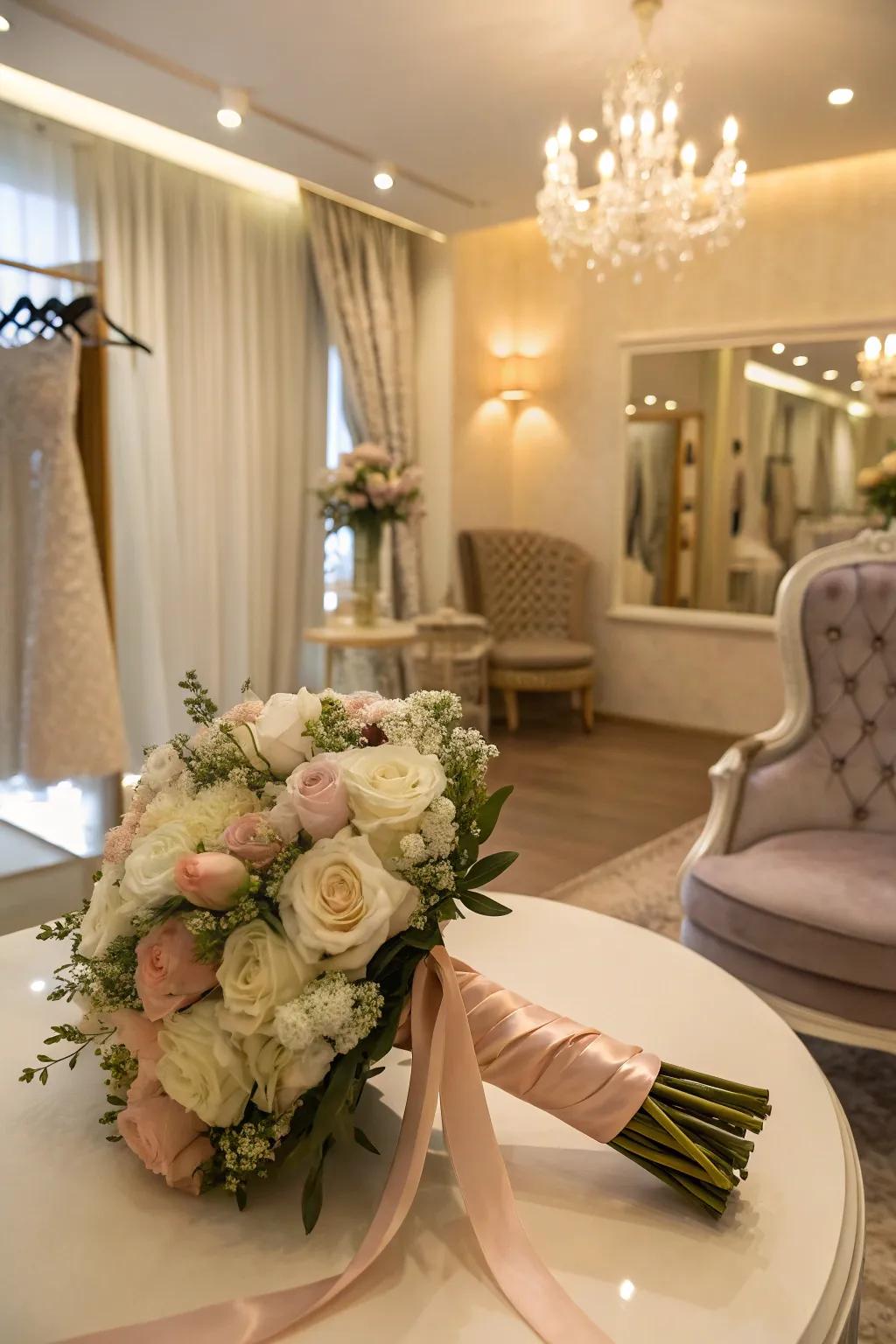 Satin fabric finishes use a traditional and stylish surface to wedding bouquets.
