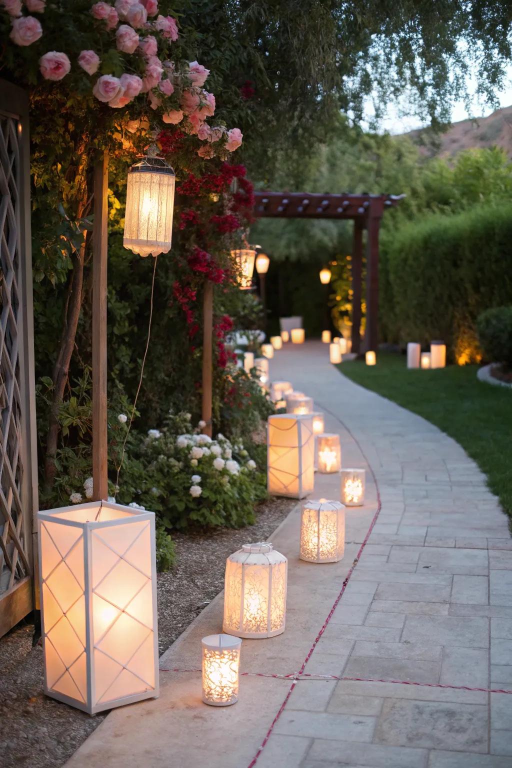 Elegant beacons illuminate the way to the bridal shower doorway, generating a warm and inviting ambiance.
