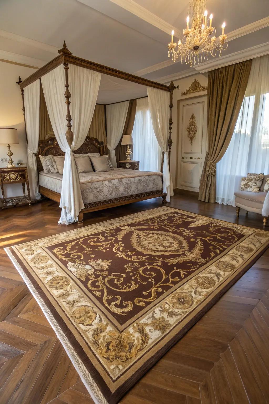 An intricate carpet unites the room with refinement.