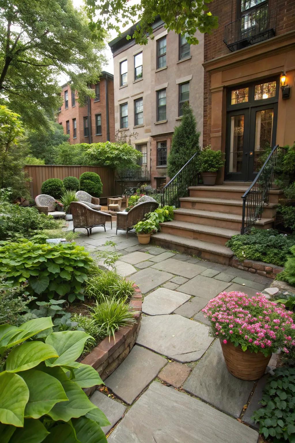 Elegant paving enhances the greenery in this townhouse backyard.
