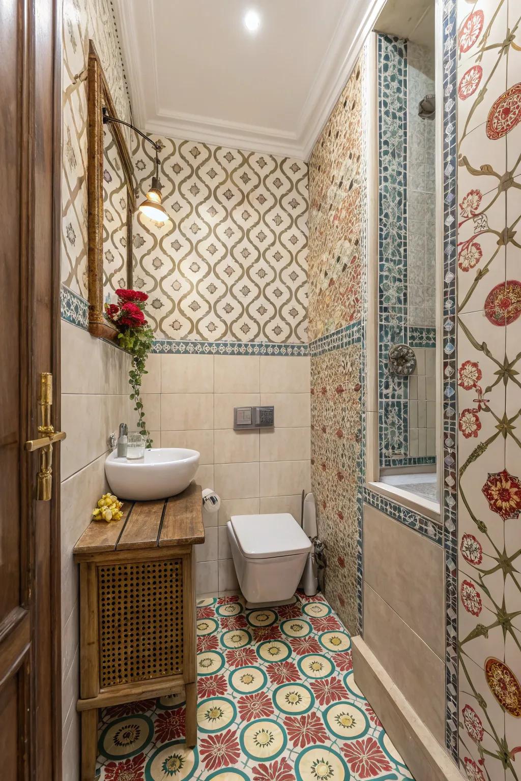 Attractive accents breathe life into a small bathroom featuring patterned wall coverings.