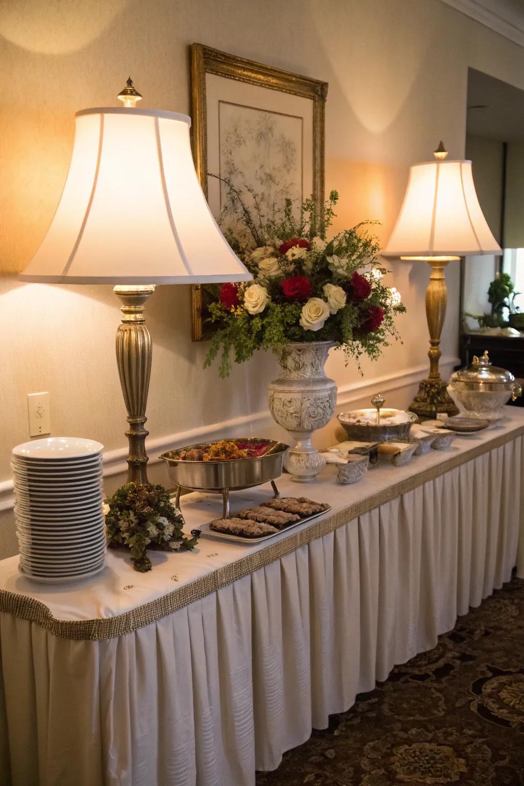 Symmetrical lighting fixtures introduce refinement and warmth.