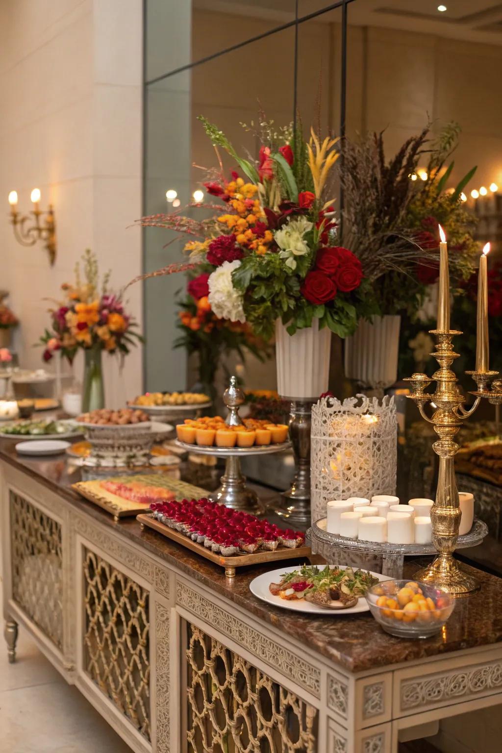 Reflective surfaces amplify the sophistication of your buffet.