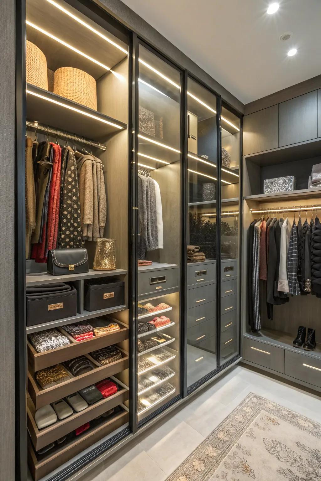 Glass-front drawers add a touch of elegance and improve visibility.