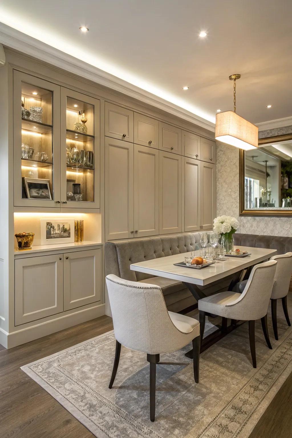 A dining table integrated seamlessly with the surrounding built-in cabinetry.